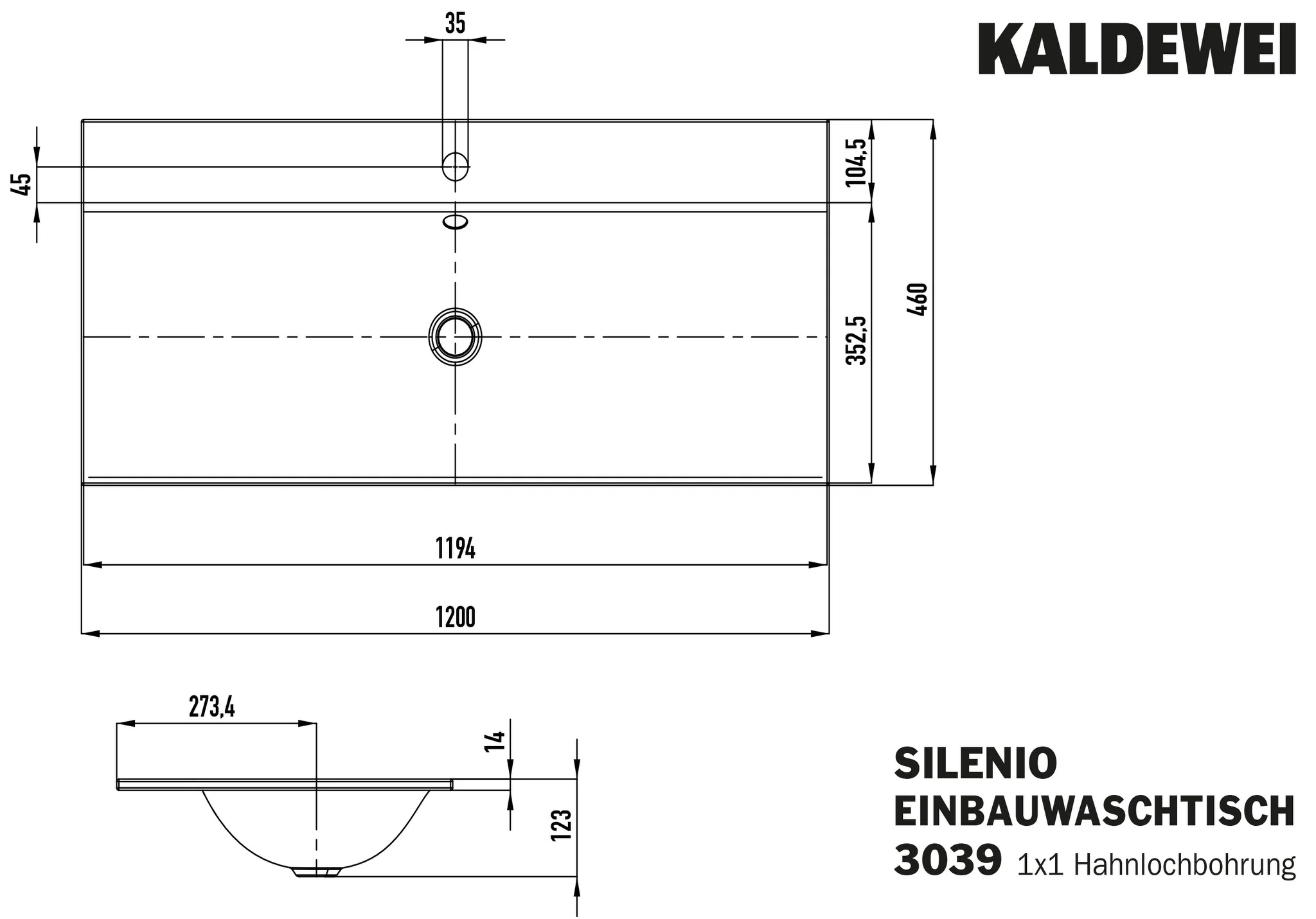 Kaldewei SILENIO Einbauwaschtisch, 1200x460 mm, alpinweiß, Perl-Effekt, mit Überlauf, 14 mm Randhöhe, MADE IN GERMANY