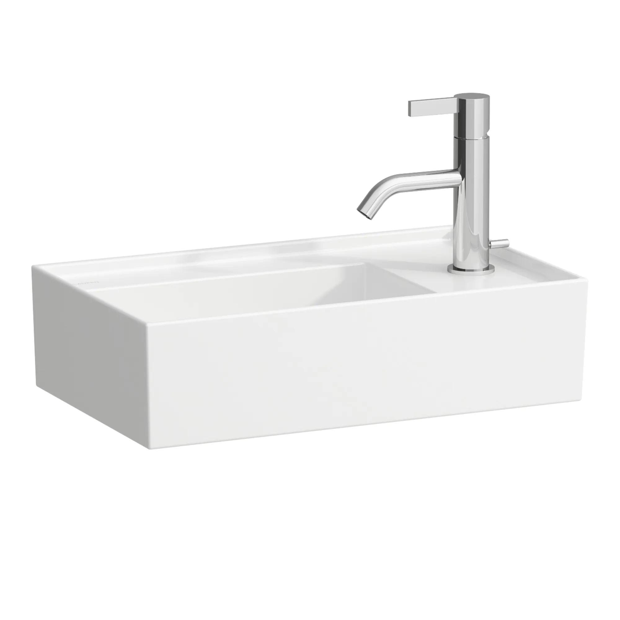 Handwaschbecken Kartell • 280x460x150 asymmetrisch 1 Hahnloch ohne Überlauf versteckter Ablauf mit Armaturenbank rechts weiß