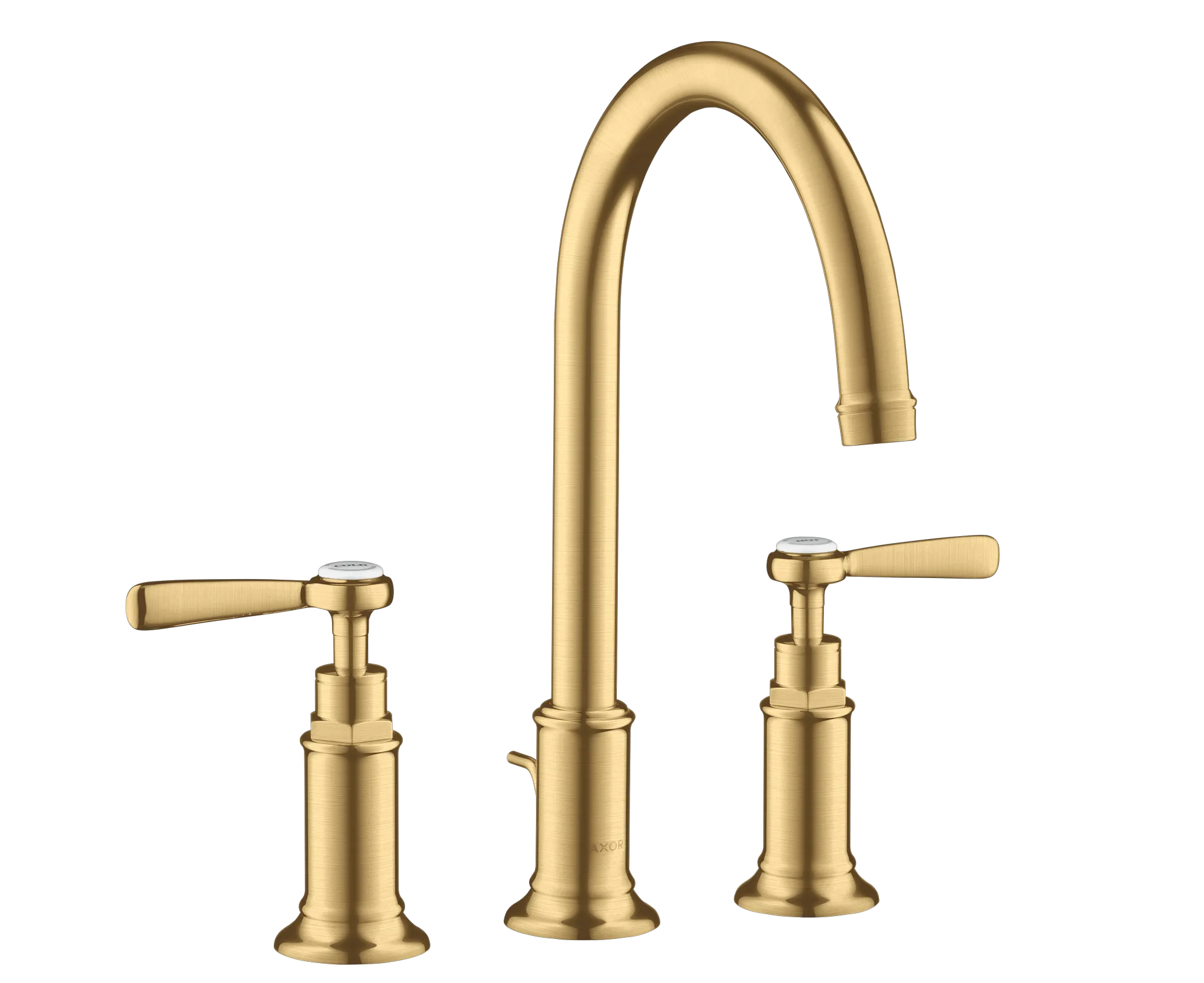 Hansgrohe AXOR Montreux 3-Loch Waschtischarmatur 180 mit Hebelgriffen und Zugstangen-Ablaufgarnitur, Brushed Gold Optic