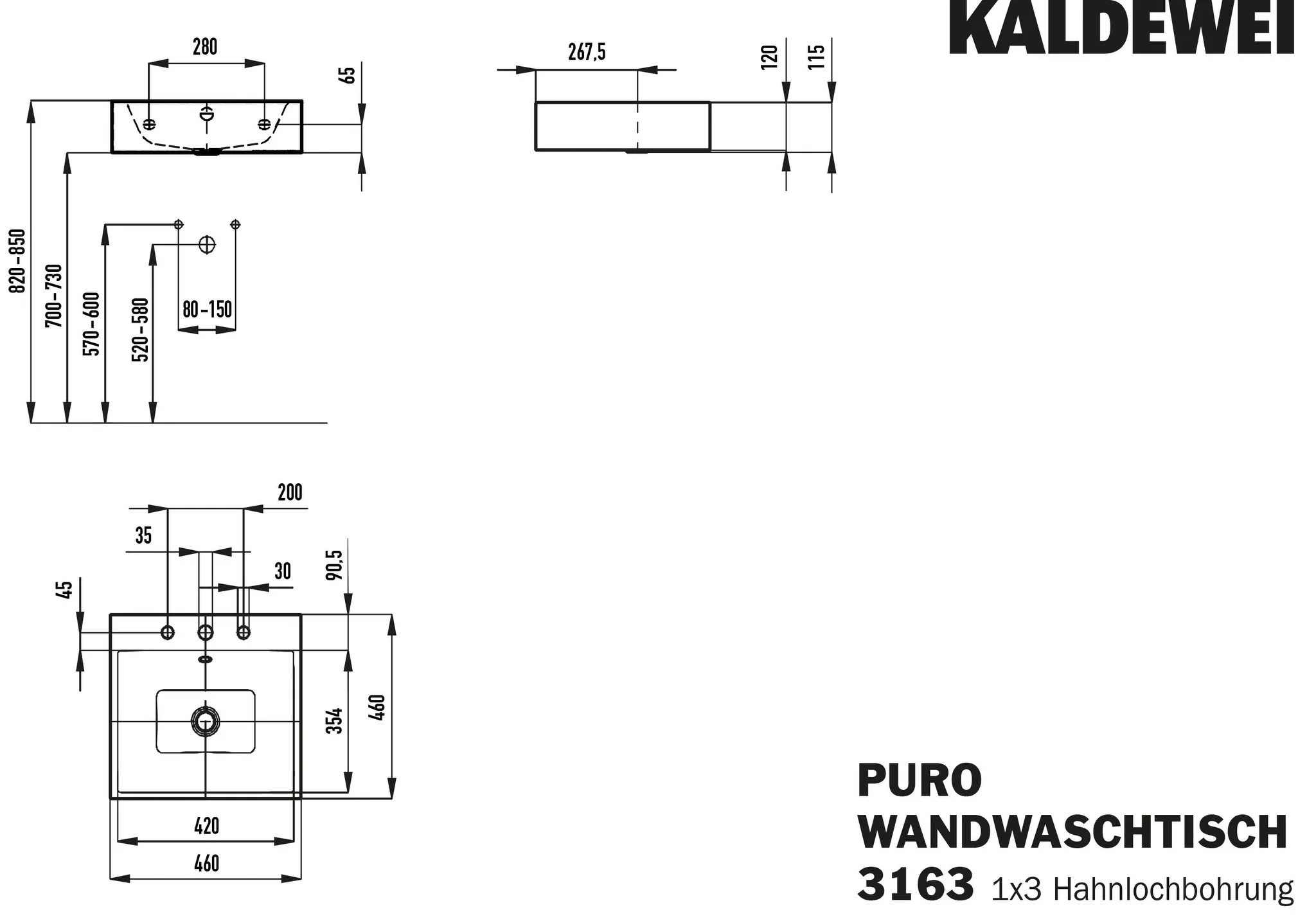 Wandwaschtisch „Puro“ 46 × 46 cm, mit Überlauf, mit Hahnlochbohrung in alpinweiß matt mit Perl-Effekt