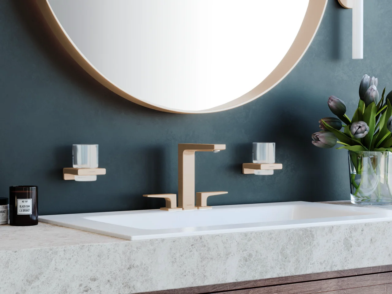 Hansgrohe Metropol 3-Loch Waschtischarmatur 160 mit Hebelgriffen und Push-Open Ablaufgarnitur in Brushed Bronze, Ausladung 152 mm, Auslaufhöhe 159 mm