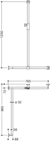 Duschhandlauf mit verschiebbarer Brausehalterstange, Edelstahl, PVD, mit magnetischem Brausehalter, senkrechte Länge 1250 mm, waagerechte Längen 765 mm und 965 mm, D: 32 mm, Ausführung links, in Farbe CK (messing glänzend)