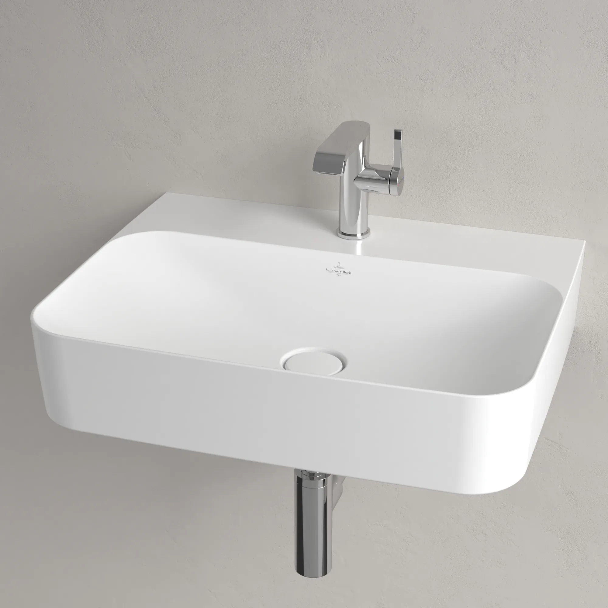Villeroy & Boch Wandwaschtisch aus TitanCeram „Finion“ 600 × 470 × 164 mm, mit Hahnlochbohrung, Hahnlochposition mittig in Stone White, mit CeramicPlus
