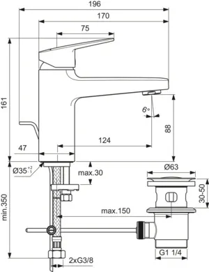 Ideal Standard Waschtischarmatur Ceraplan H90 mit Ablaufgarnitur, Ausladung 124mm, Chrom Ideal Standard Waschtischarmatur Ceraplan H90 mit Ablaufgarnitur, Ausladung 124mm, Chrom
