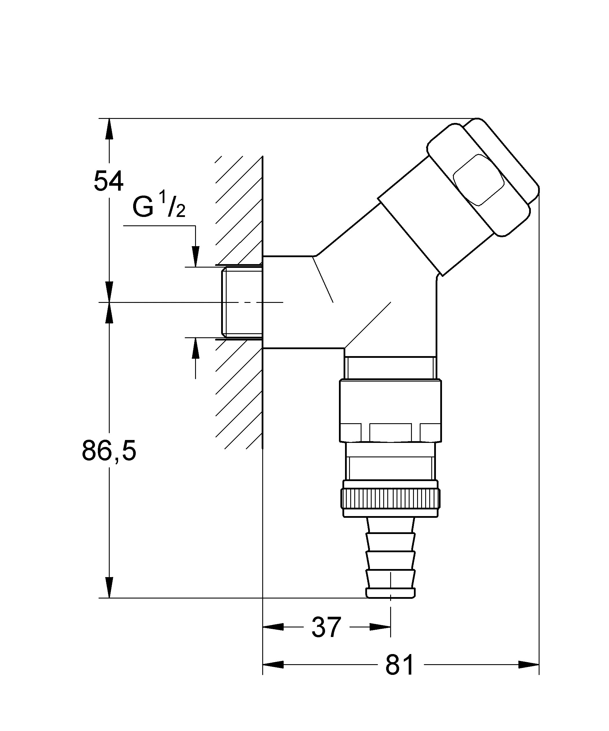 Original WAS Anschlussventil 41015, DN 15, Wandmontage, integrierte Schlauchplatzsicherung, Fettkammer-Oberteil 1/2'' für den absperrbaren Schlauchanschluss, eigensicher, chrom