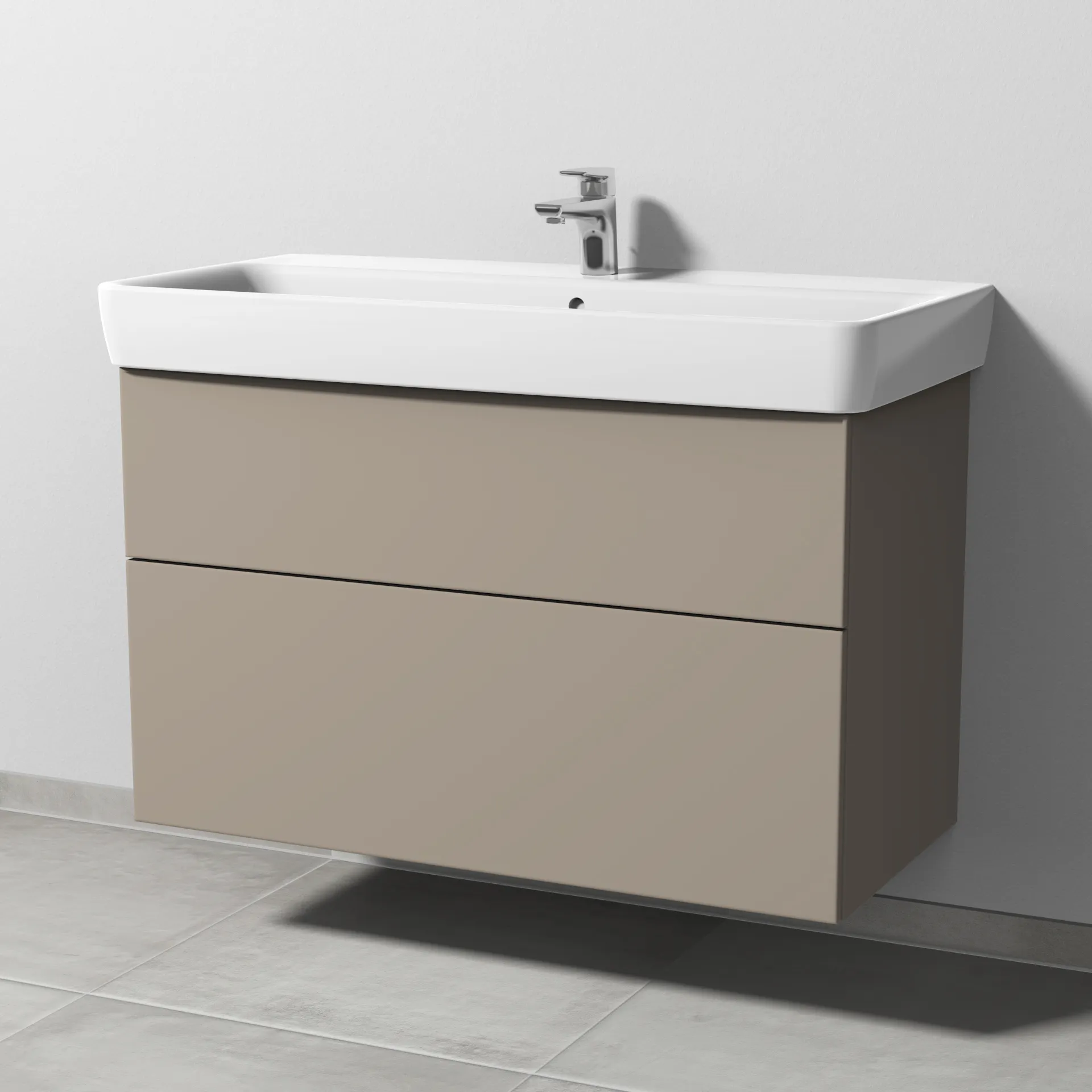 Sanipa Waschtischunterschrank „3way“ passend zu Keramik-Waschtische Renova Plan von Geberit 940 × 588 × 447 mm in Sandgrau (matt), Becken mittig