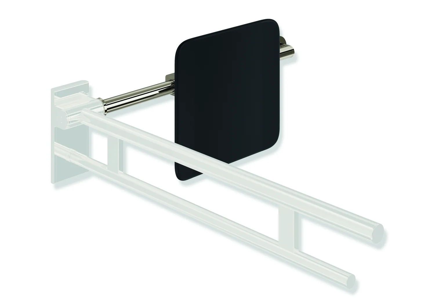 HEWI Rückensstütze System 900, PVD-beschichtet, Nickel glänzend, schwarz, Achsmaß verstellbar 616-716 mm, Tiefe 150 mm, einseitige Wandmontage (links) und SK-Griff-Anbindung (rechts)