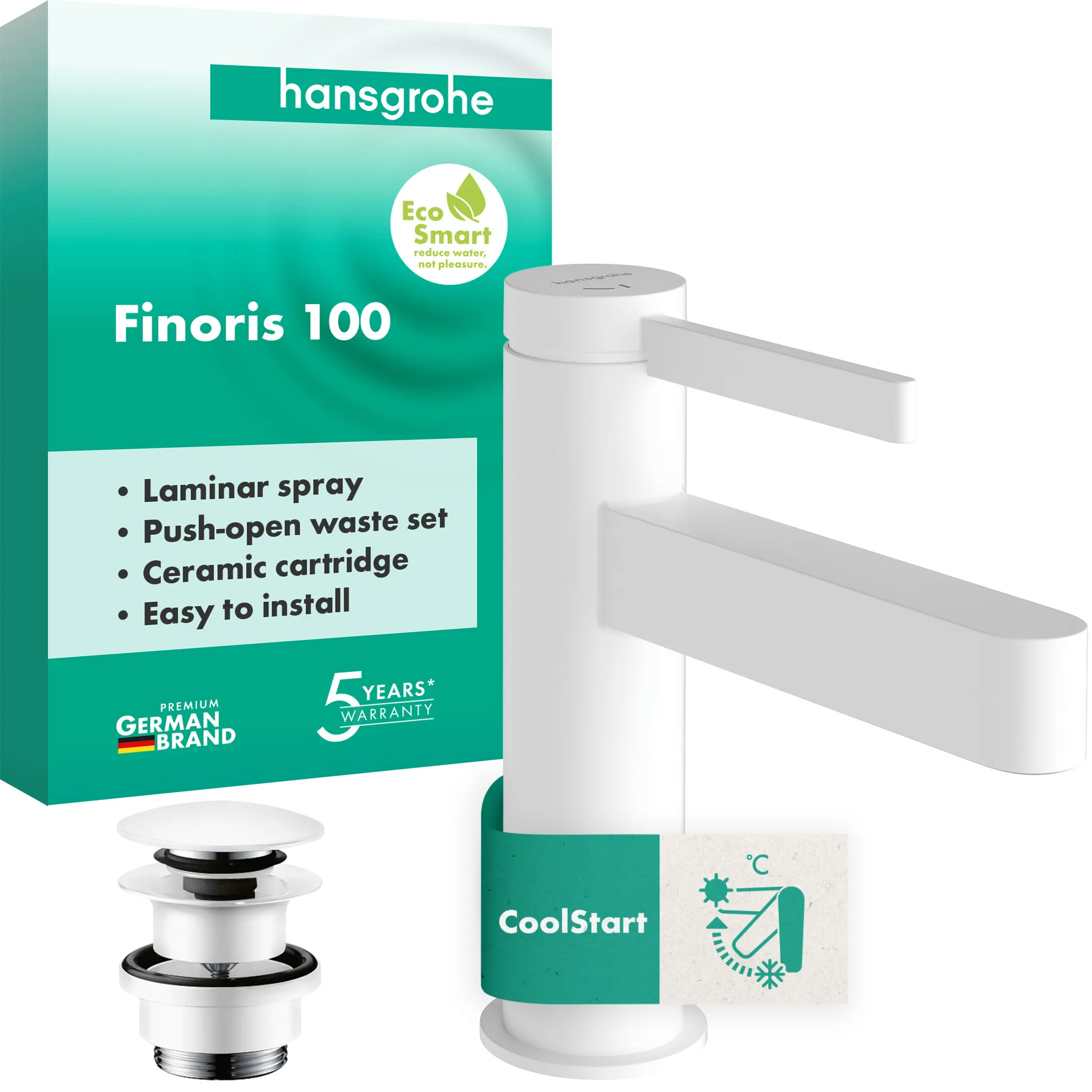 Hansgrohe Finoris Einhebel-Waschtischmischer 100 CoolStart mit Push-Open Ablaufgarnitur, Mattweiß Hansgrohe Finoris Einhebel-Waschtischmischer 100 CoolStart mit Push-Open Ablaufgarnitur, Mattweiß