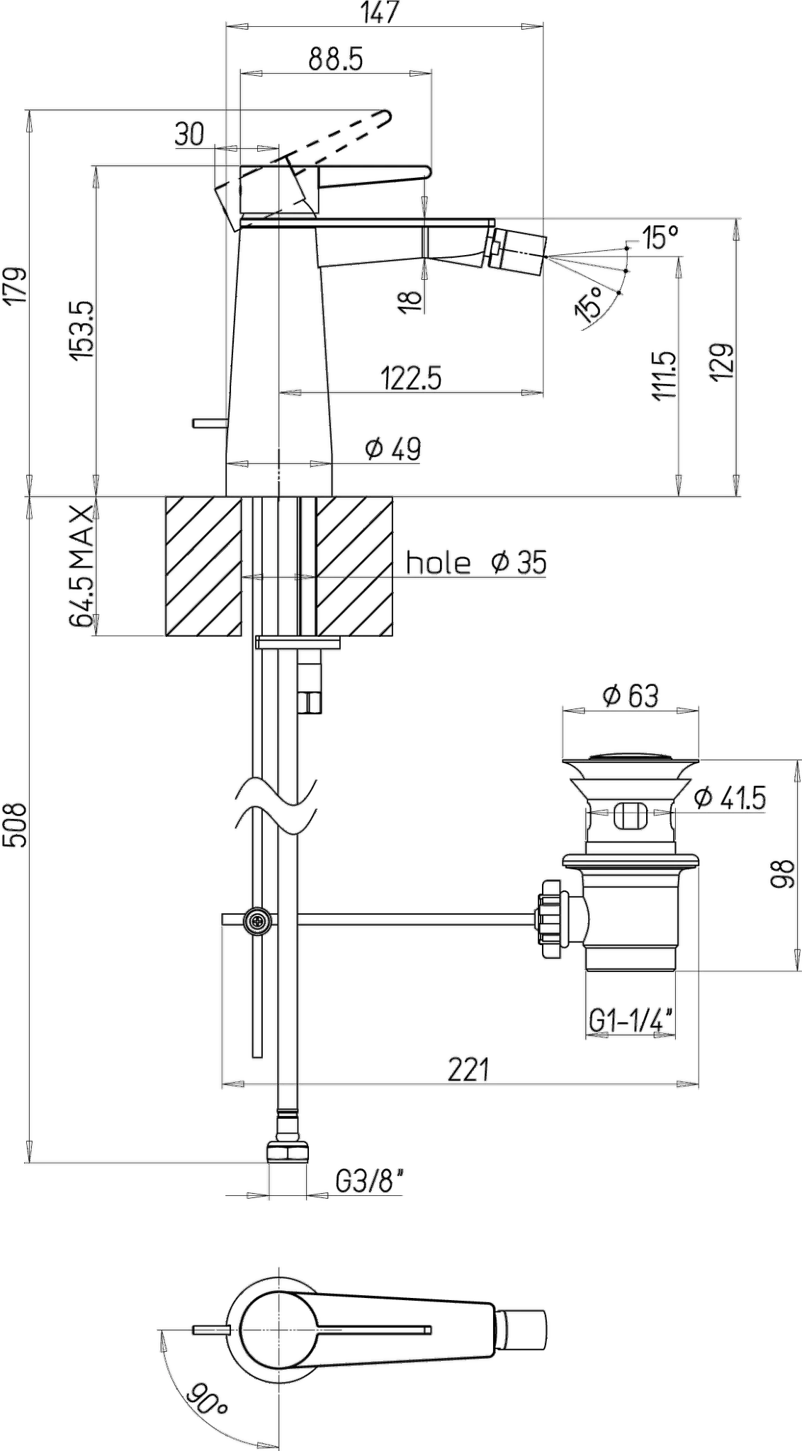 Einhebel-Bidetarmatur Conum T127001000, 49 x 154 x 147 mm, Chrom