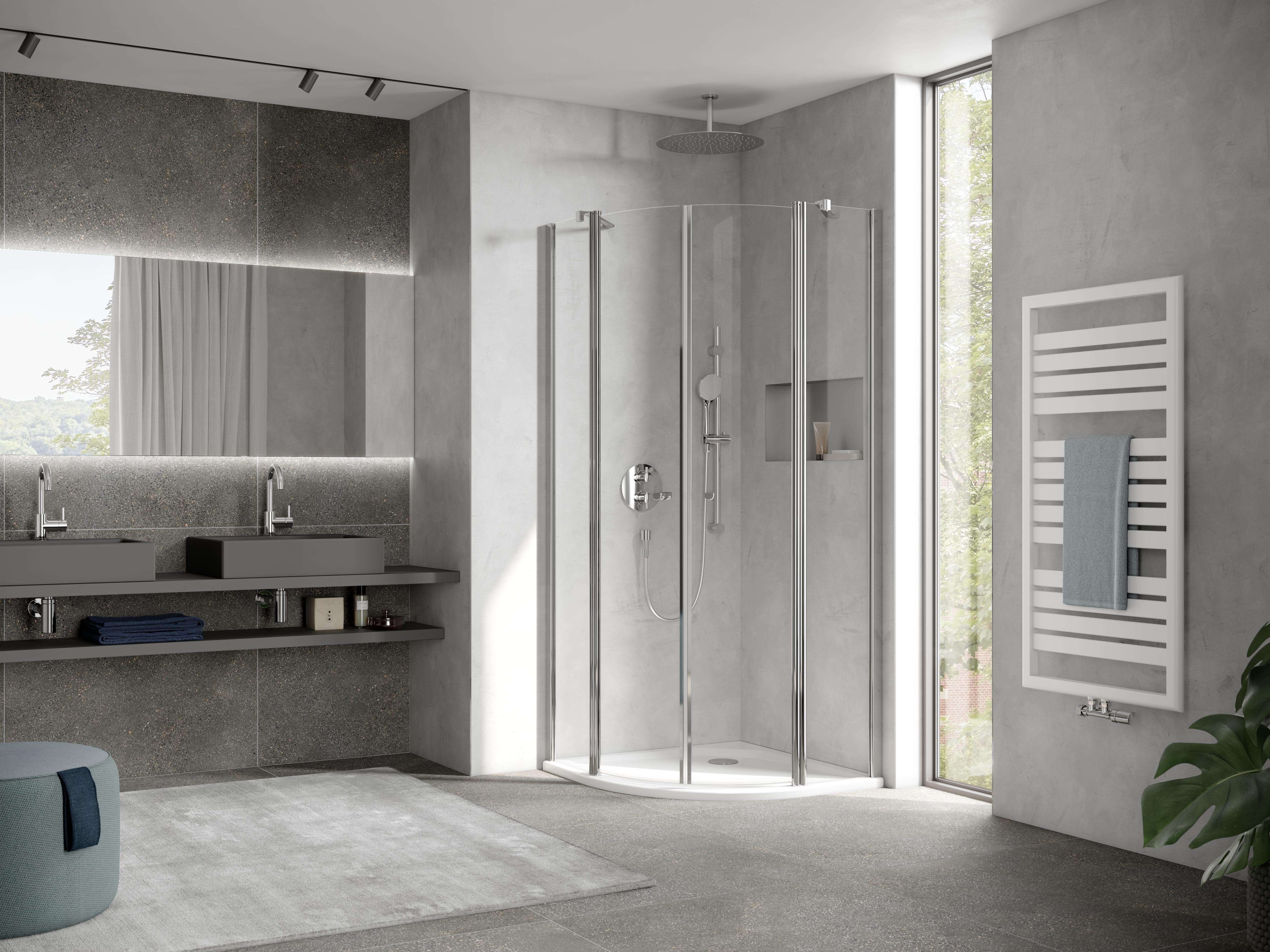HSK teilgerahmte Runddusche pendelbar 4-teilig „Exklusiv 2.0“ Glas Klar hell, Profile Alu Silber-matt, H: 2000 mm HSK teilgerahmte Runddusche pendelbar 4-teilig „Exklusiv 2.0“ Glas Klar hell, Profile Alu Silber-matt, H: 2000 mm