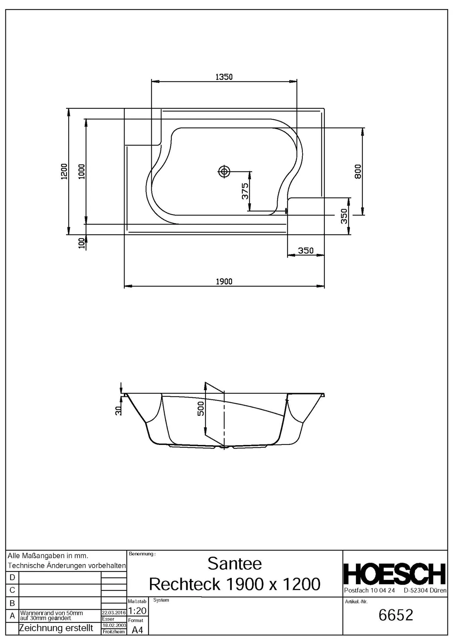 Hoesch Badewanne „Santee“ rechteck 190 × 120 cm in Weiß