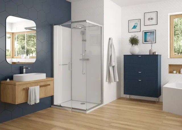 Hoesch nUnity Duschkabine Liberty Eckversion 1200x800 mit Flügeltüren und Armatur Hoesch nUnity Duschkabine Liberty Eckversion 1200x800 mit Flügeltüren und Armatur