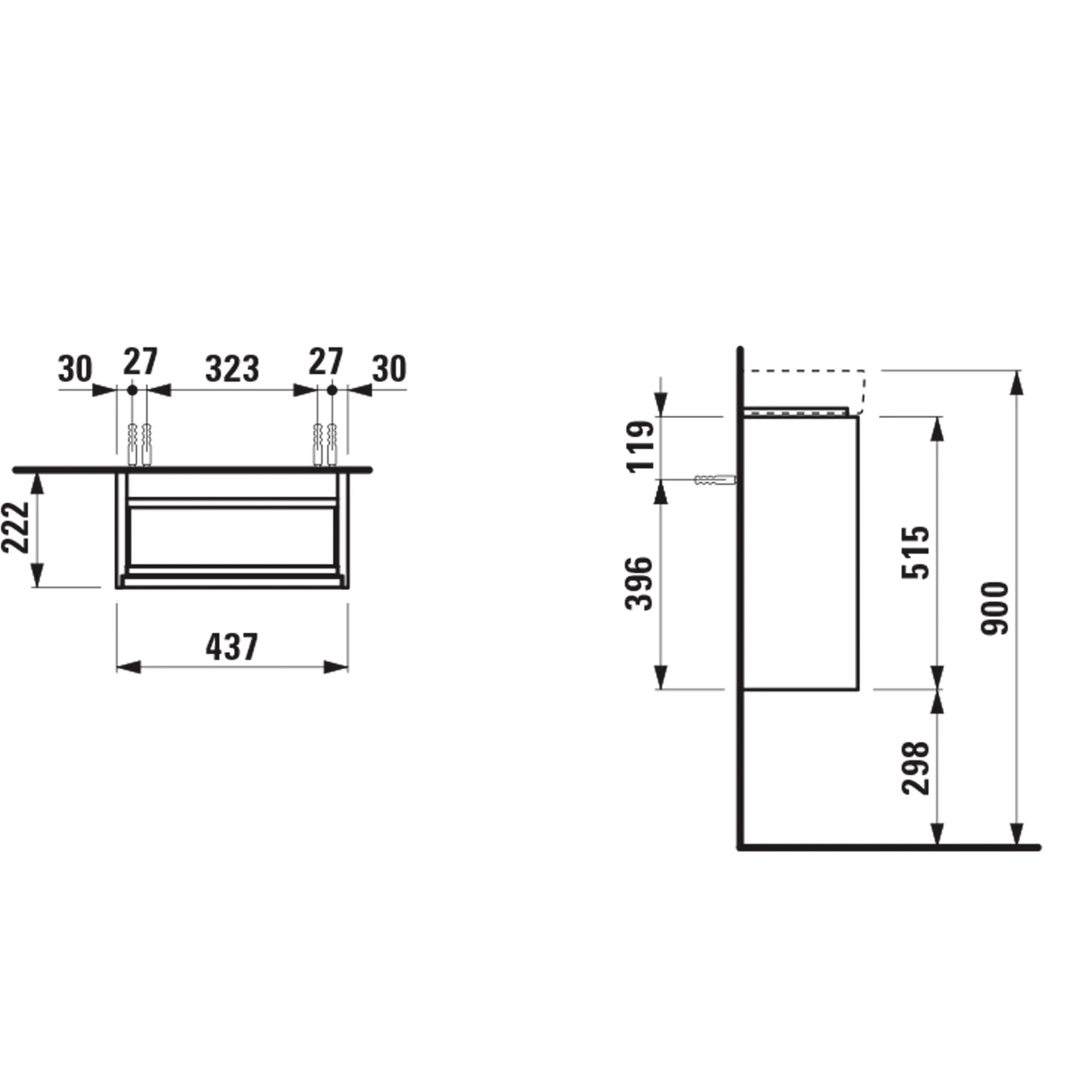 Waschtischunterbau, MEDA, 222x437x515, 1 Tür Scharnier rechts, integrierte Griffleiste, Soft-Close, 1 Glasablage (fix), für Handwaschbecken MEDA H815113 (46 cm), weiß matt