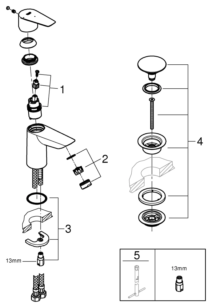 Einhand-Waschtischbatterie BauEdge 23899_1, S-Size, Einlochmontage, Energie-Sparfunktion Mittelstellung kalt, mit Temperaturbegrenzer, LowFlow 3,5 l/min Mousseur, Push-open Ablaufgarnitur aus Kunststoff 1 1/4″, chrom