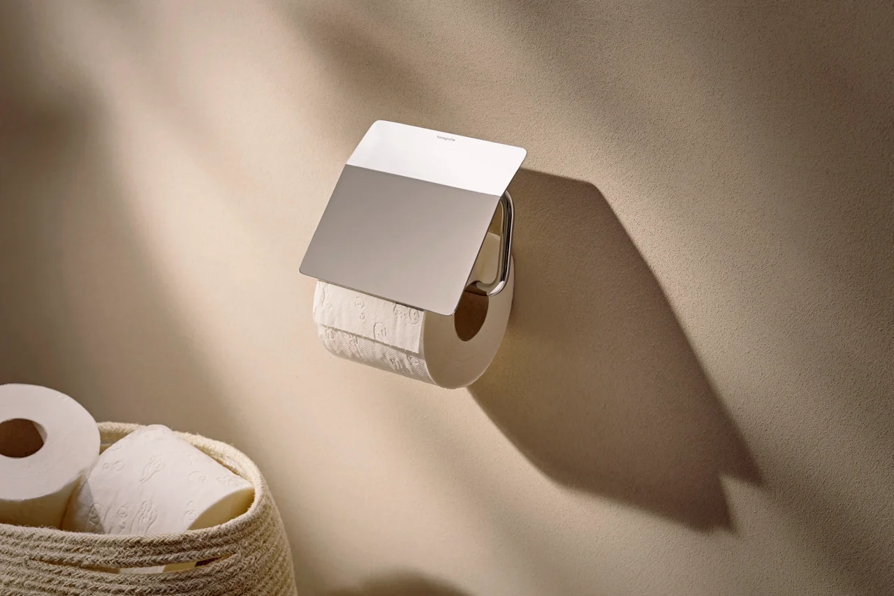 Hansgrohe AddStoris S Papierrollenhalter mit Deckel Chrom - Wandmontage, Metall, verdeckte Befestigung, Bohrabstand 26 mm, Bohrloch Ø 6 mm