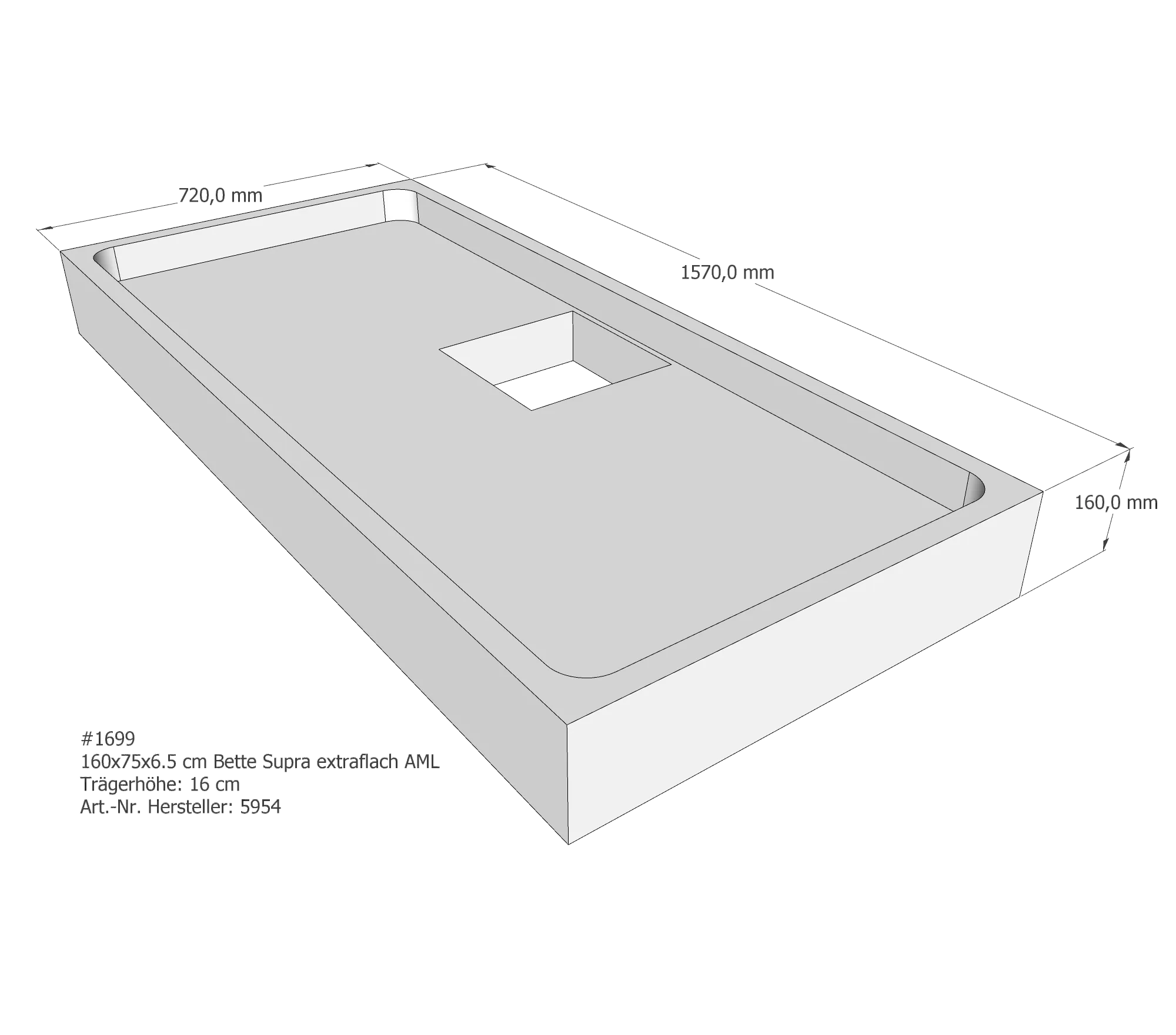 Duschwannenträger für Bette Supra (extraflach) 160 × 75 × 6,5 cm Breite: 75 cm / Länge: 160 cm