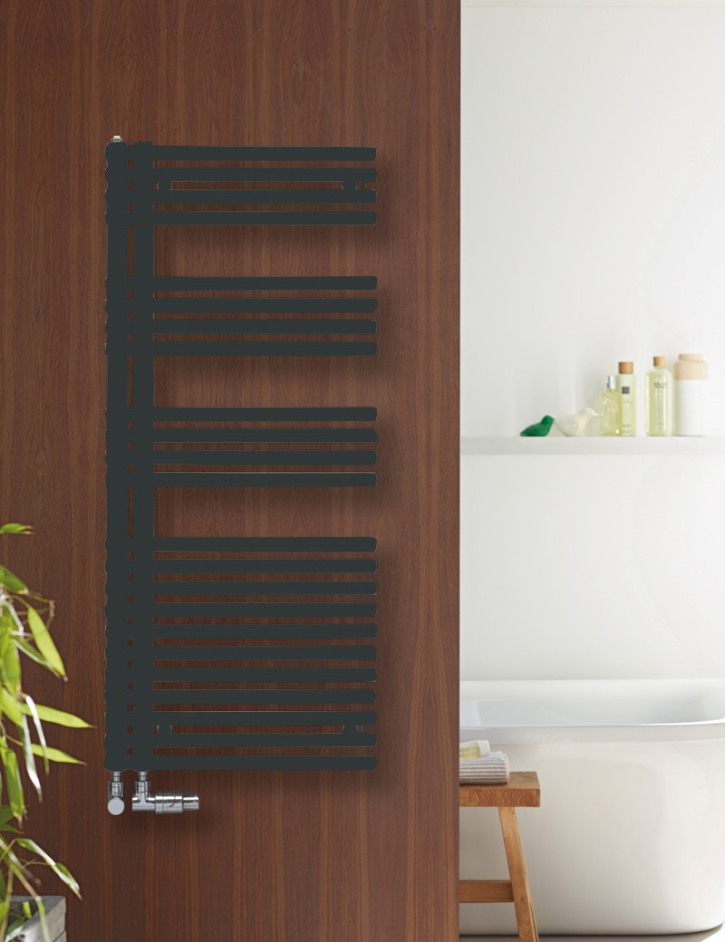 Zehnder Design-Heizkörper „Forma Asym“ für Warmwasser-Zentralheizung oder gemischten Betrieb mit 50 mm-Mittelanschluss 59,6 × 116,1 cm in Anthracite Grey (RAL 7016, glänzend)