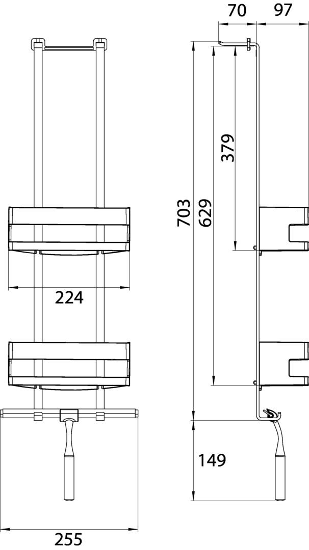 system 2 Türetagere mit 2 verschiebbaren Wandkörben und mit 2 Haken, Duschwischer, chrom