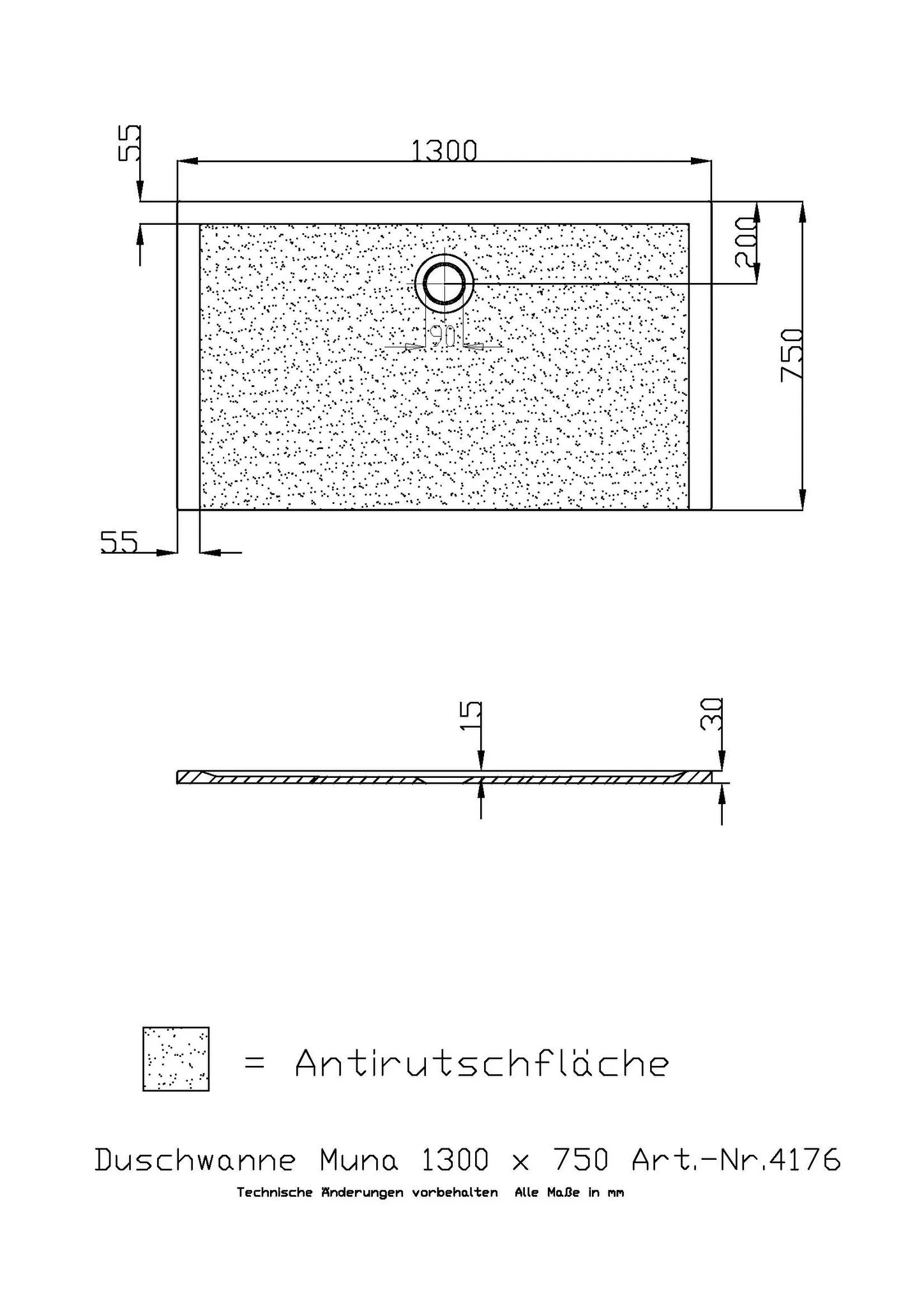 Duschwanne „Muna“ Rechteck 130 × 75 cm in Weiß