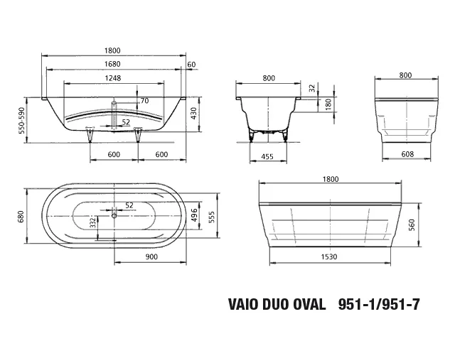 Kaldewei VAIO DUO OVAL Badewanne, oval, alpinweiß, 1800 x 800 mm, 420 mm Tiefe