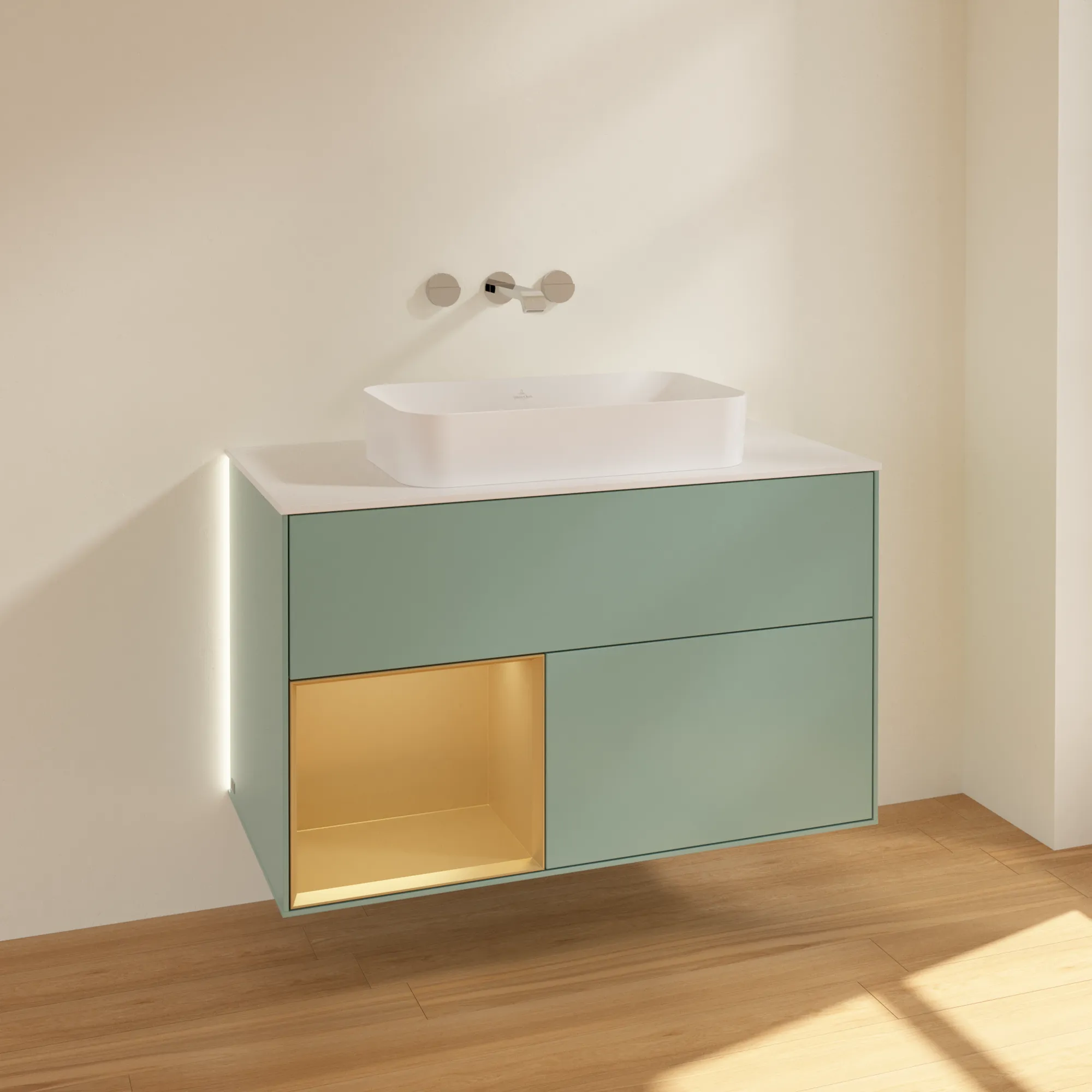 Villeroy & Boch Waschtischunterschrank „Finion“ für Schrankwaschtisch 1000 × 603 × 501 mm Olive Matt Lacquer, ohne Hahnlochbohrung, für Becken mittig Villeroy & Boch Waschtischunterschrank „Finion“ für Schrankwaschtisch 1000 × 603 × 501 mm Olive Matt Lacquer, ohne Hahnlochbohrung, für Becken mittig