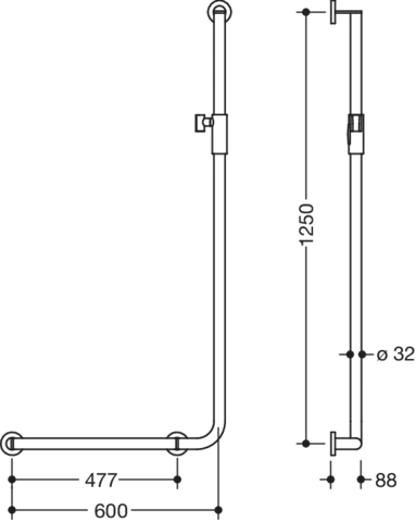 Winkelgriff mit Brausehalter, Edelstahl, verchromt, waagerechte Länge 600 mm, senkrechte Länge 1250 mm, D: 32 mm, Ausführung links, mit magnetischem Brausehalter Winkelgriff mit Brausehalter, Edelstahl, verchromt, waagerechte Länge 600 mm, senkrechte Länge 1250 mm, D: 32 mm, Ausführung links, mit magnetischem Brausehalter