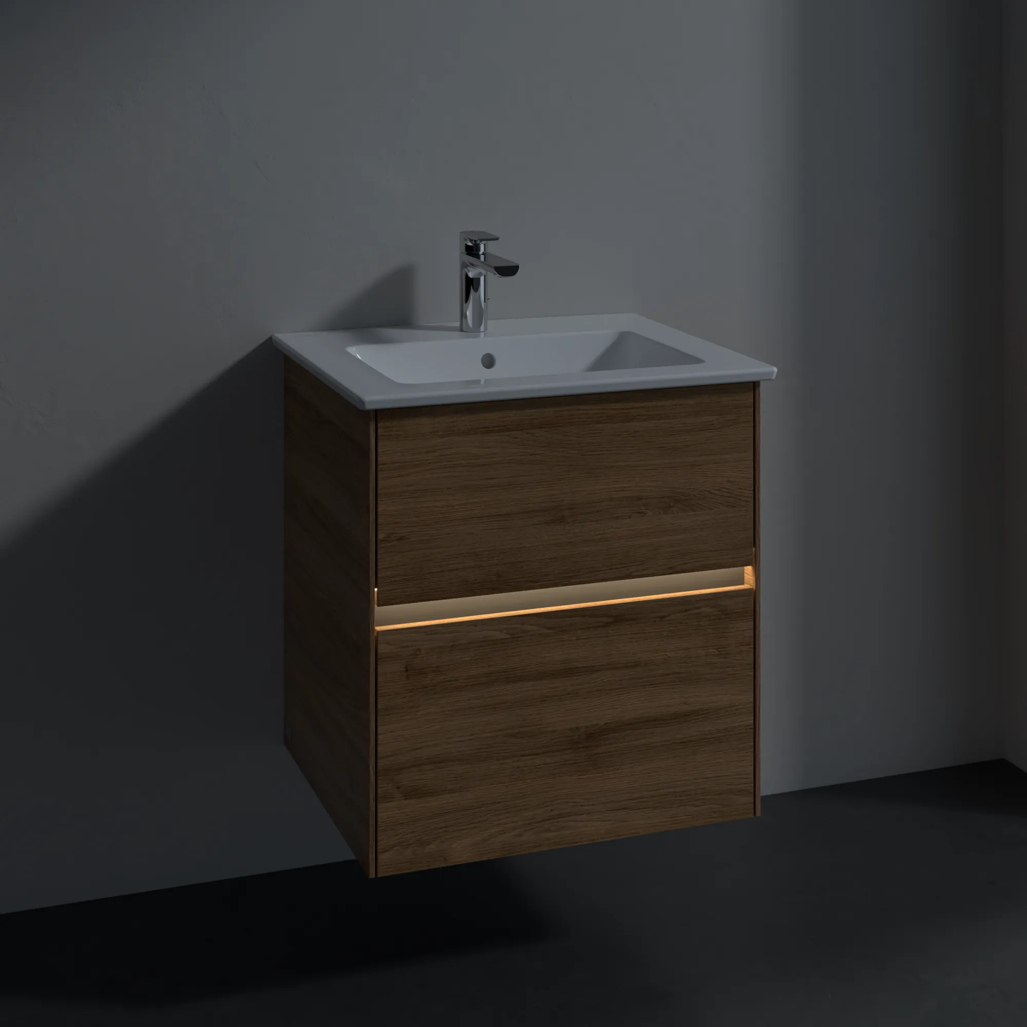 Villeroy & Boch Waschtischunterschrank „Collaro“ 561 × 610 × 480 mm Kansas Oak, mit Beleuchtung, für Becken mittig