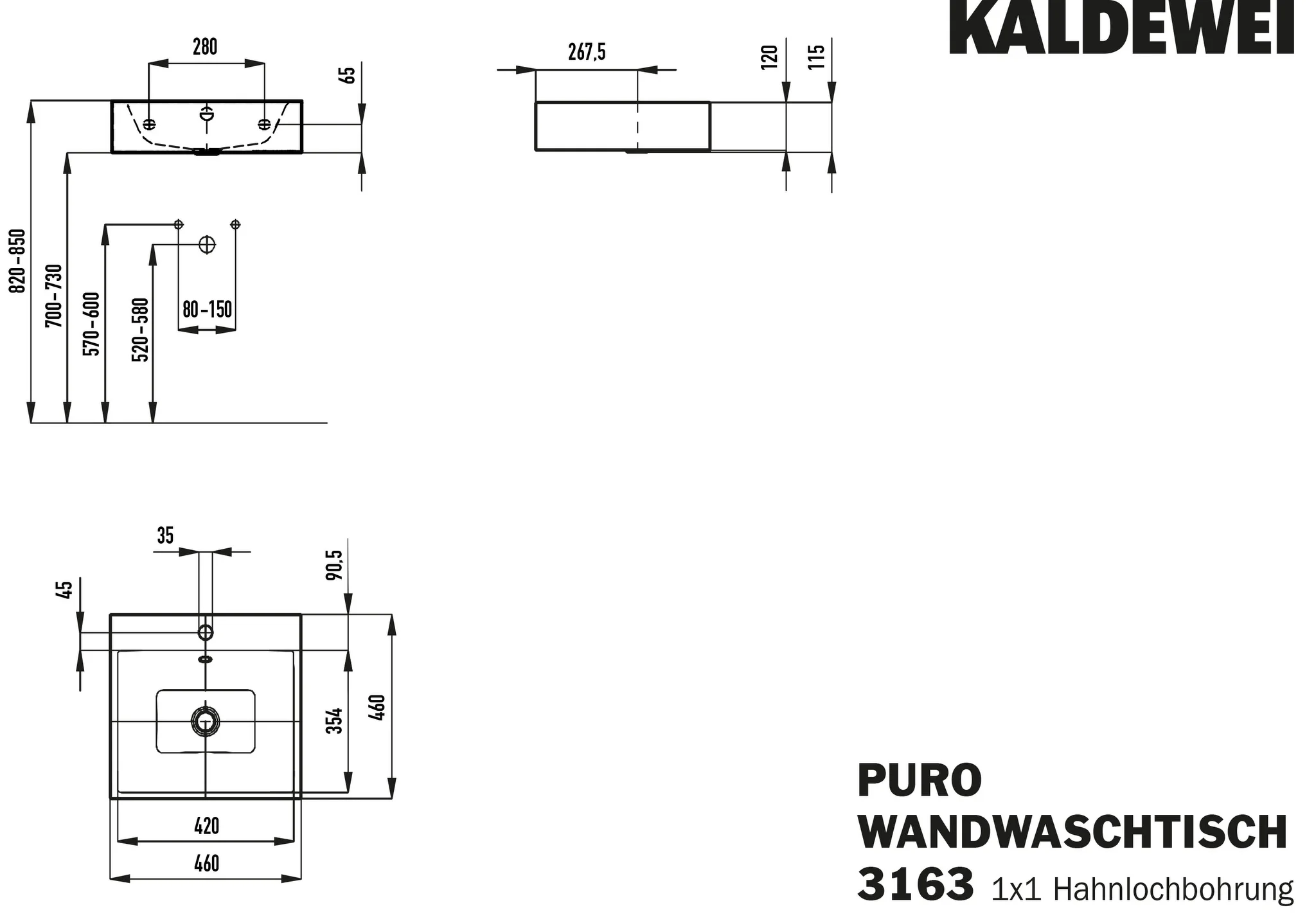 Wandwaschtisch „Puro“ 46 × 46 cm in schwarz matt, mit Perl-Effekt