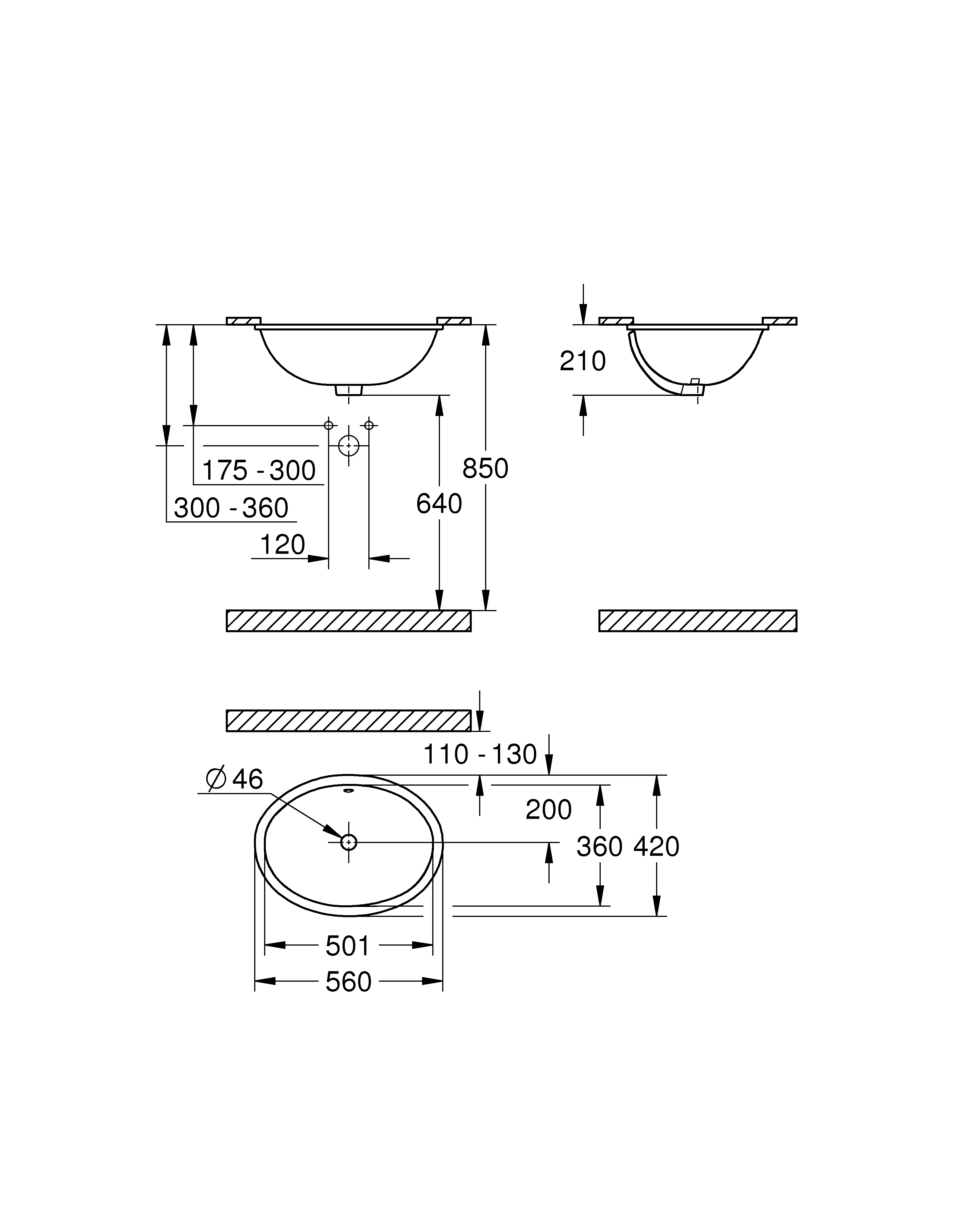 Unterbauwaschtisch Universal 39423, 560 x 420 mm, aus Sanitärkeramik, alpinweiß