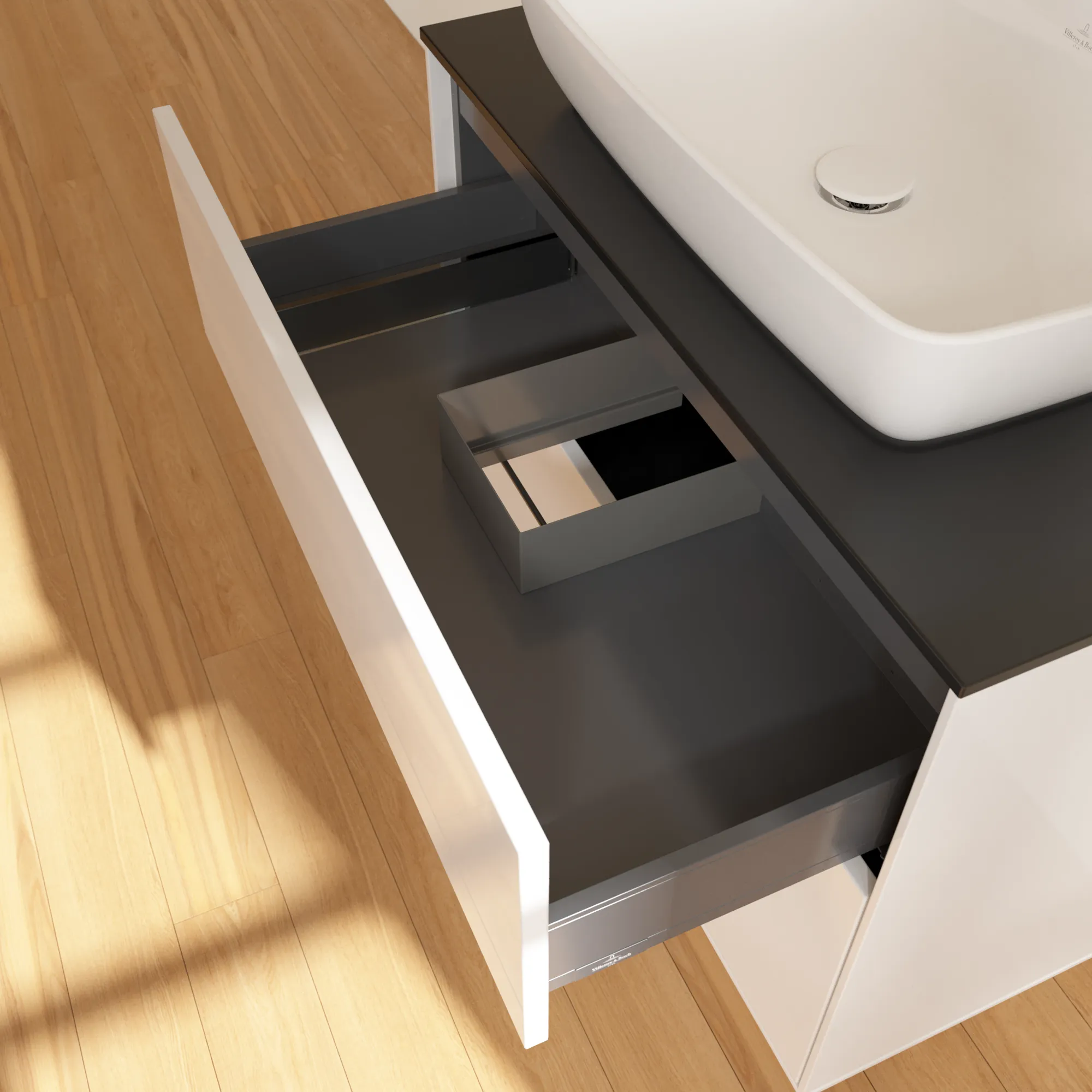Villeroy & Boch Finion Waschbeckenunterschrank F75 800x603x501mm Glossy White Lacquer / Glass Black Matt Villeroy & Boch Finion Waschbeckenunterschrank F75 800x603x501mm Glossy White Lacquer / Glass Black Matt