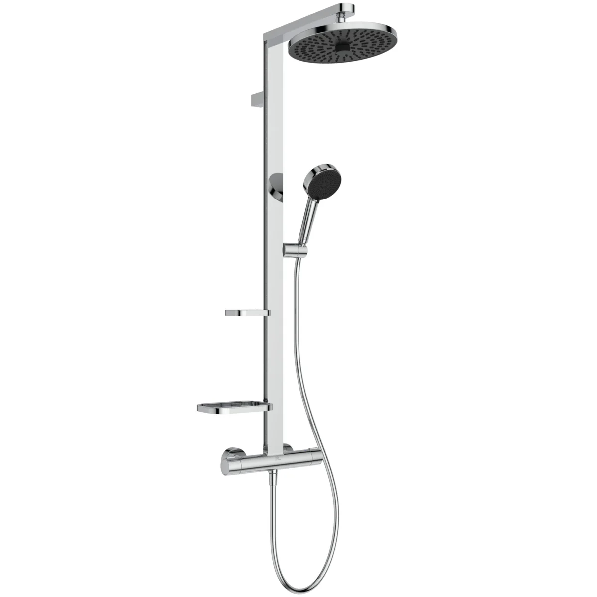 Ideal Standard Ceratherm Alu+ Duschsystem mit Brausethermostat, Chrom, 2 Ablagen, 2 Strahlarten Hand- und Kopfbrause, Idealflex Brauseschlauch