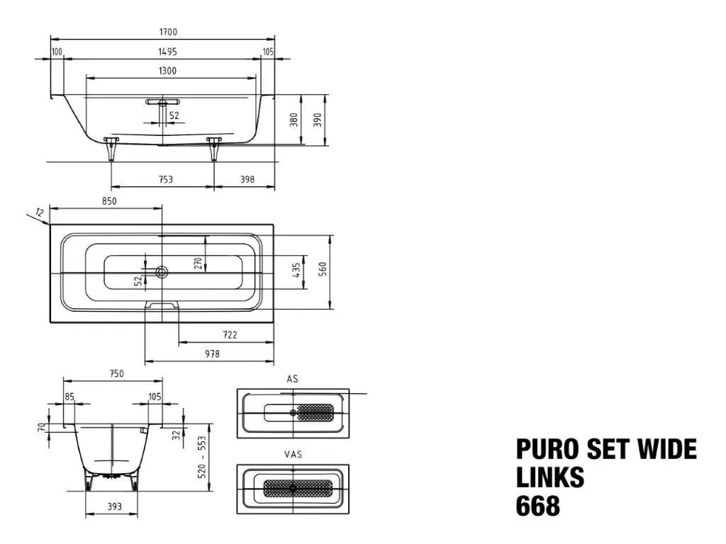 Kaldewei Badewanne „Puro Set Wide“ rechteck 170 × 75 cm, mit Grifflochbohrungen, links in manhattan Kaldewei Badewanne „Puro Set Wide“ rechteck 170 × 75 cm, mit Grifflochbohrungen, links in manhattan
