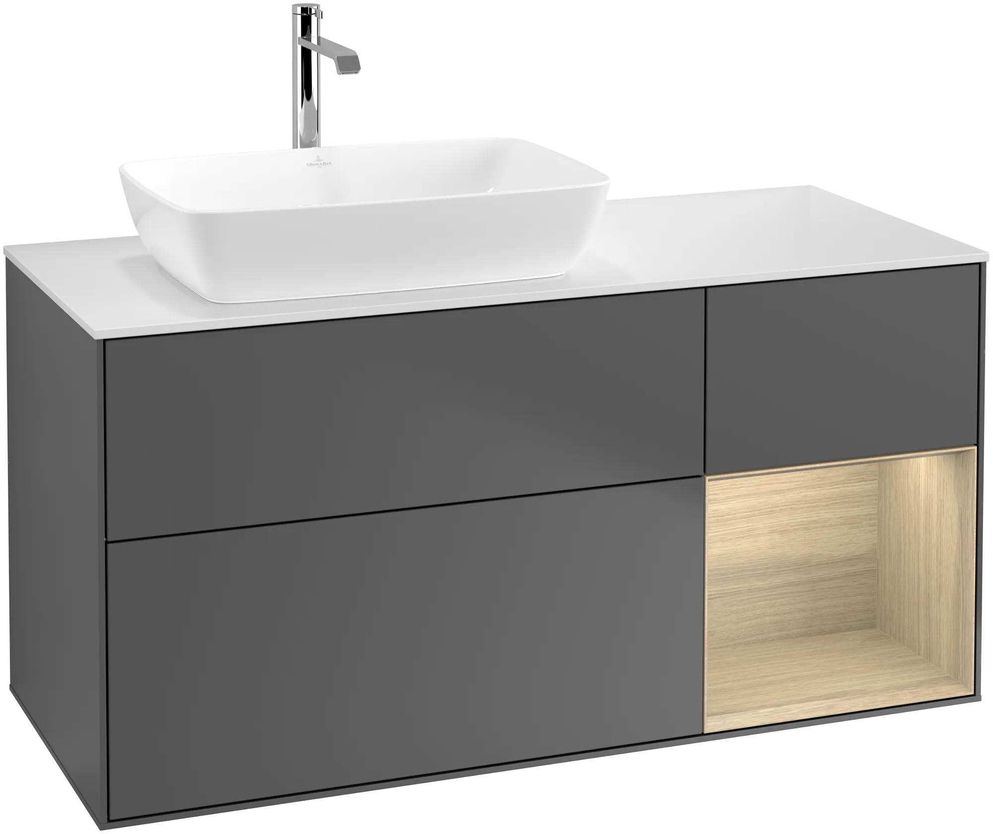 Villeroy & Boch Finion Waschbeckenunterschrank G81 1200x603x501mm Anthrazit Matt Lack / Eiche Spiegeloptik / Glas Weiss Matt