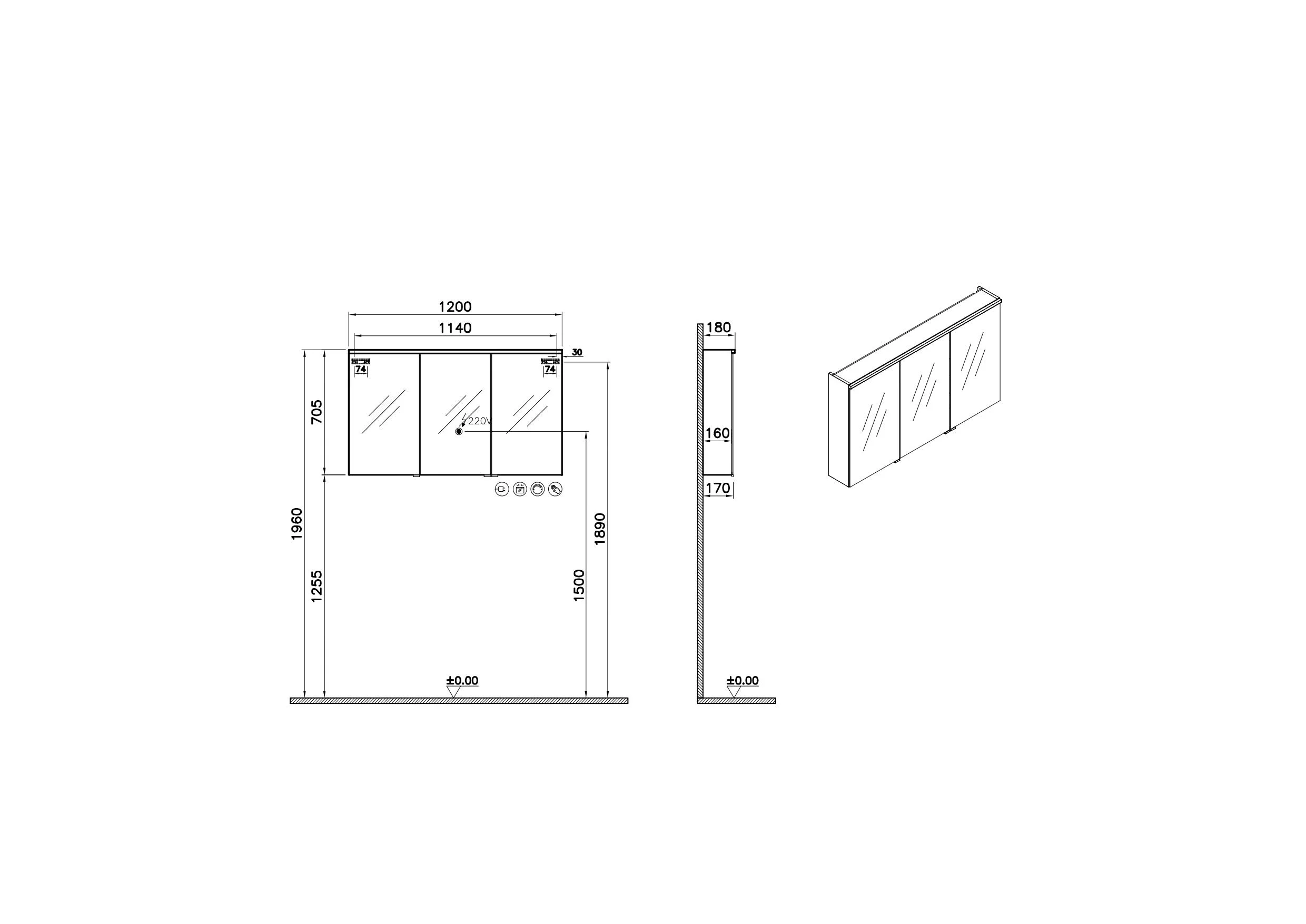 VitrA New Metropole Edge LED-Spiegelschrank, 3 Türen, 120 x 18 x 70 cm, Eiche Hell, Wandmontage, Softclose, Sensorsteuerung VitrA New Metropole Edge LED-Spiegelschrank, 3 Türen, 120 x 18 x 70 cm, Eiche Hell, Wandmontage, Softclose, Sensorsteuerung