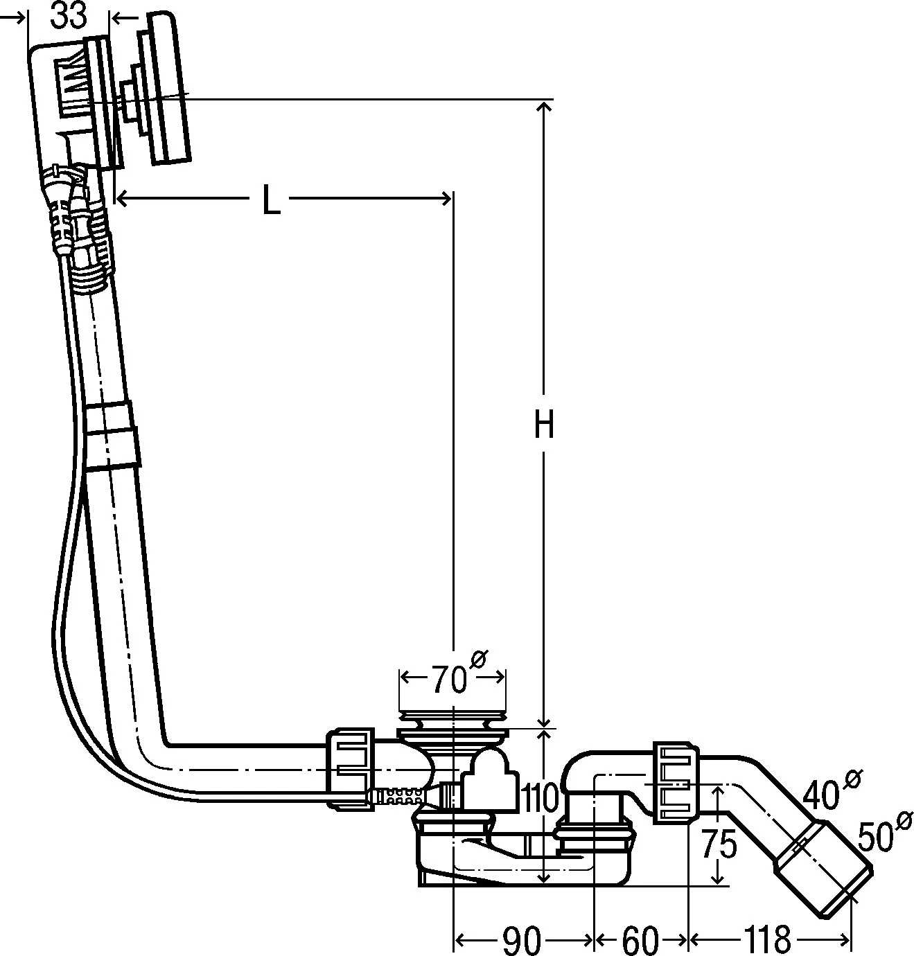 Viega Ab- und Überlaufgarnitur mit Zulauffunktion Modell 6170.10 „Multiplex Trio“ 6170.10 in 560 mm × DN40 / 50 verchromt 11 cm