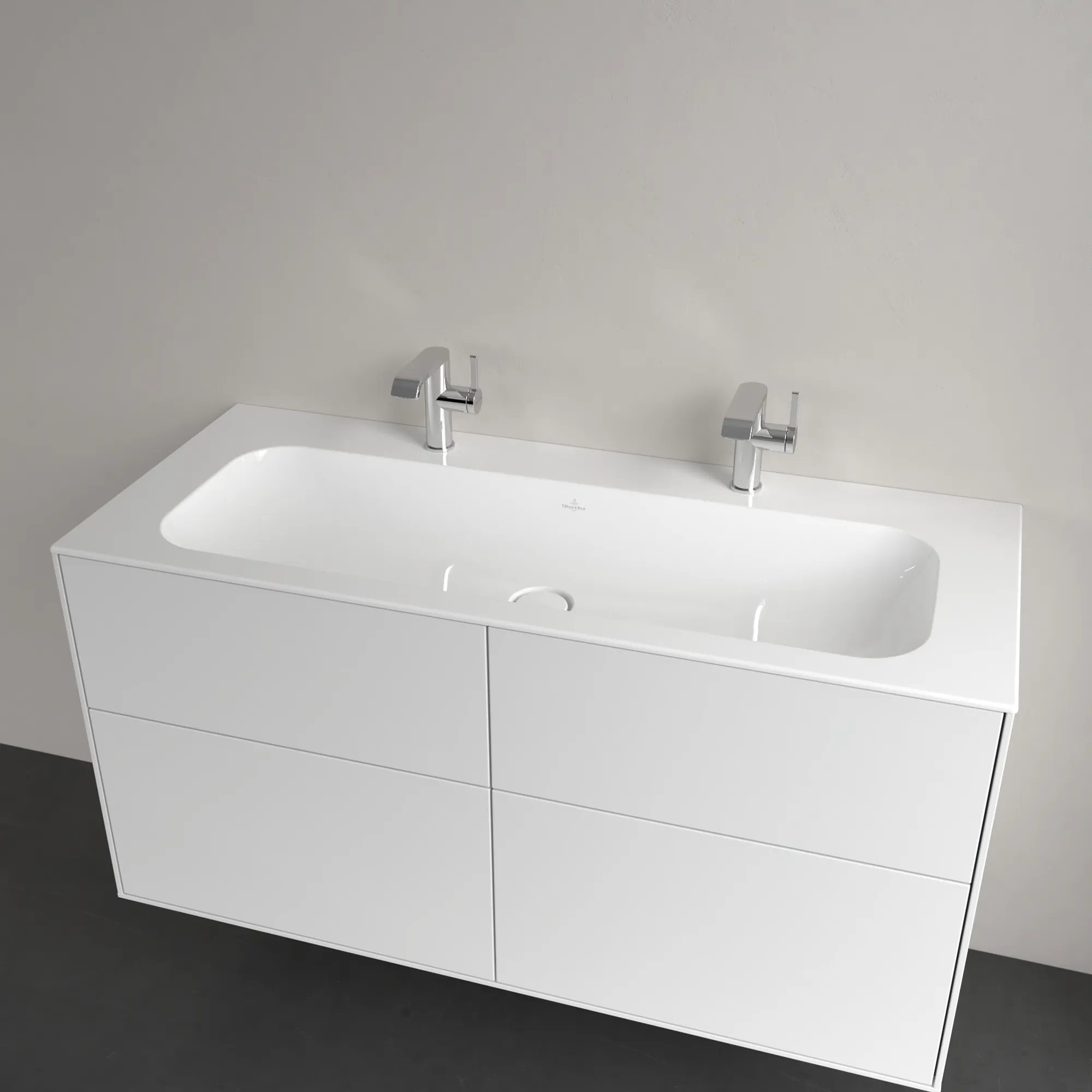 Villeroy & Boch Schrankwaschtisch aus TitanCeram „Finion“ 1200 × 500 × 160 mm, Hahnlochposition links und rechts, mit Hahnlochbohrung in Weiß Alpin, mit CeramicPlus Villeroy & Boch Schrankwaschtisch aus TitanCeram „Finion“ 1200 × 500 × 160 mm, Hahnlochposition links und rechts, mit Hahnlochbohrung in Weiß Alpin, mit CeramicPlus