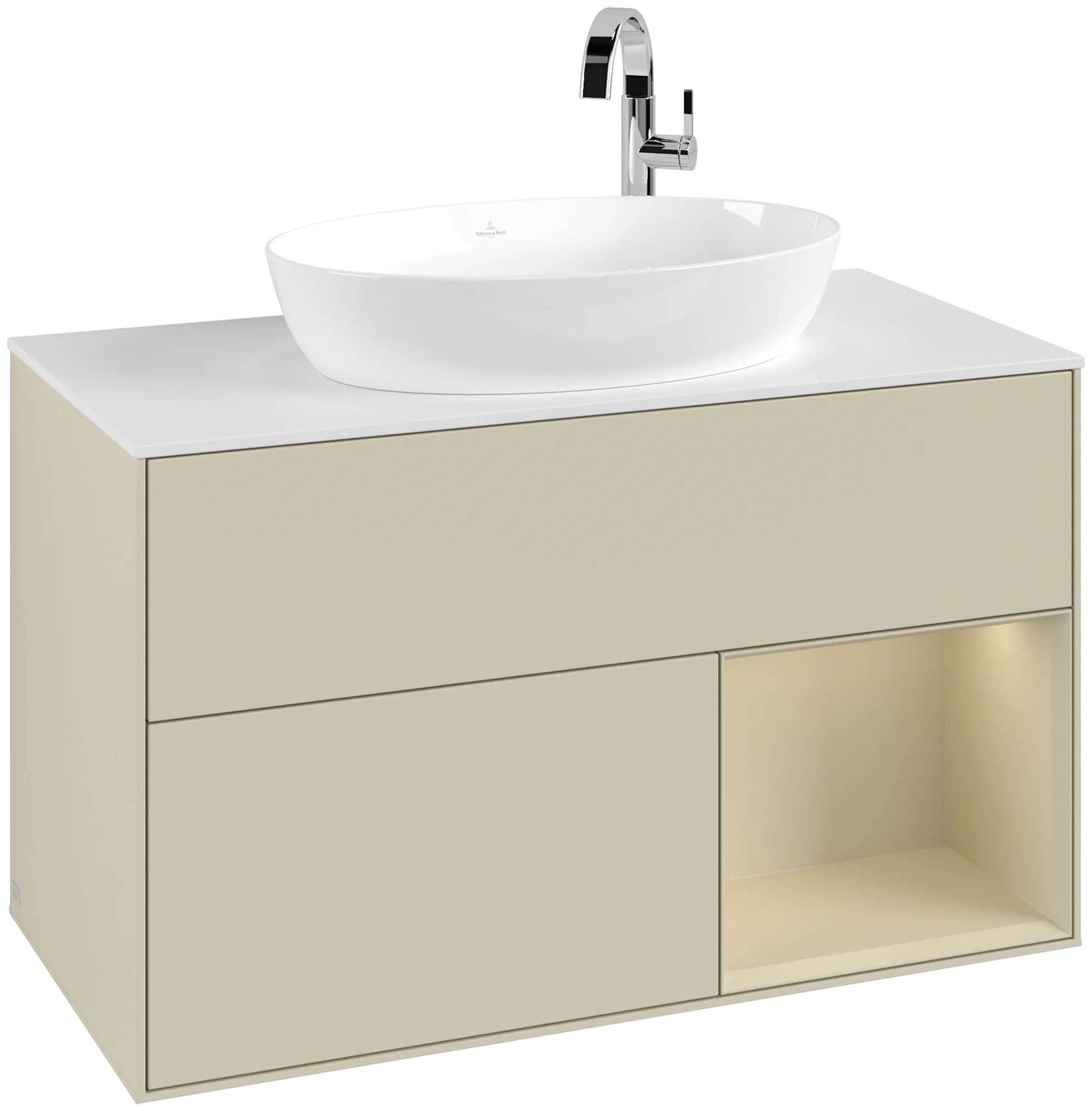 Villeroy & Boch Finion Waschbeckenunterschrank F90, 1000 x 603 x 501 mm, Silk Grey Matt Lacquer / Glass White Matt