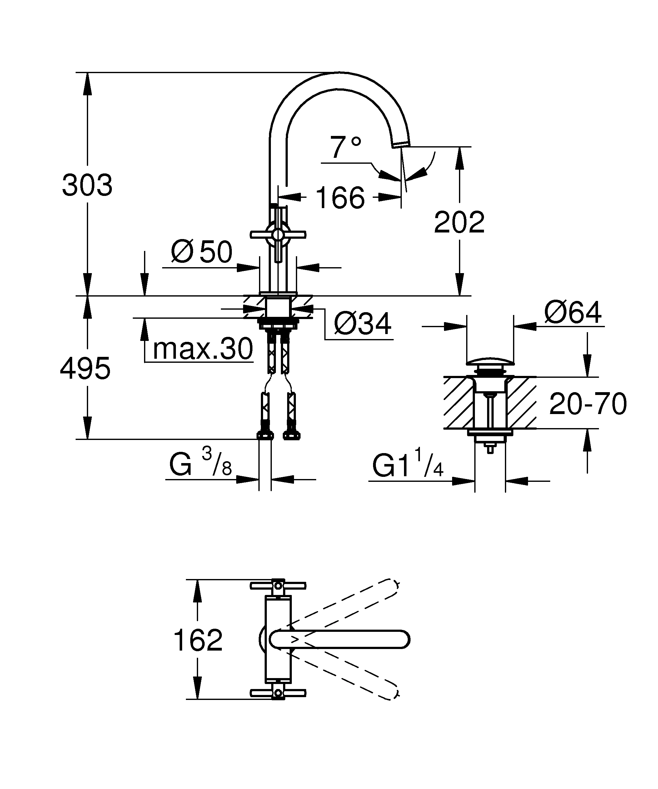 Waschtisch-Einlochbatterie Atrio 21144, L-Size, mit Kreuzgriffen, Push-open Ablaufgarnitur 1 1/4'', chrom