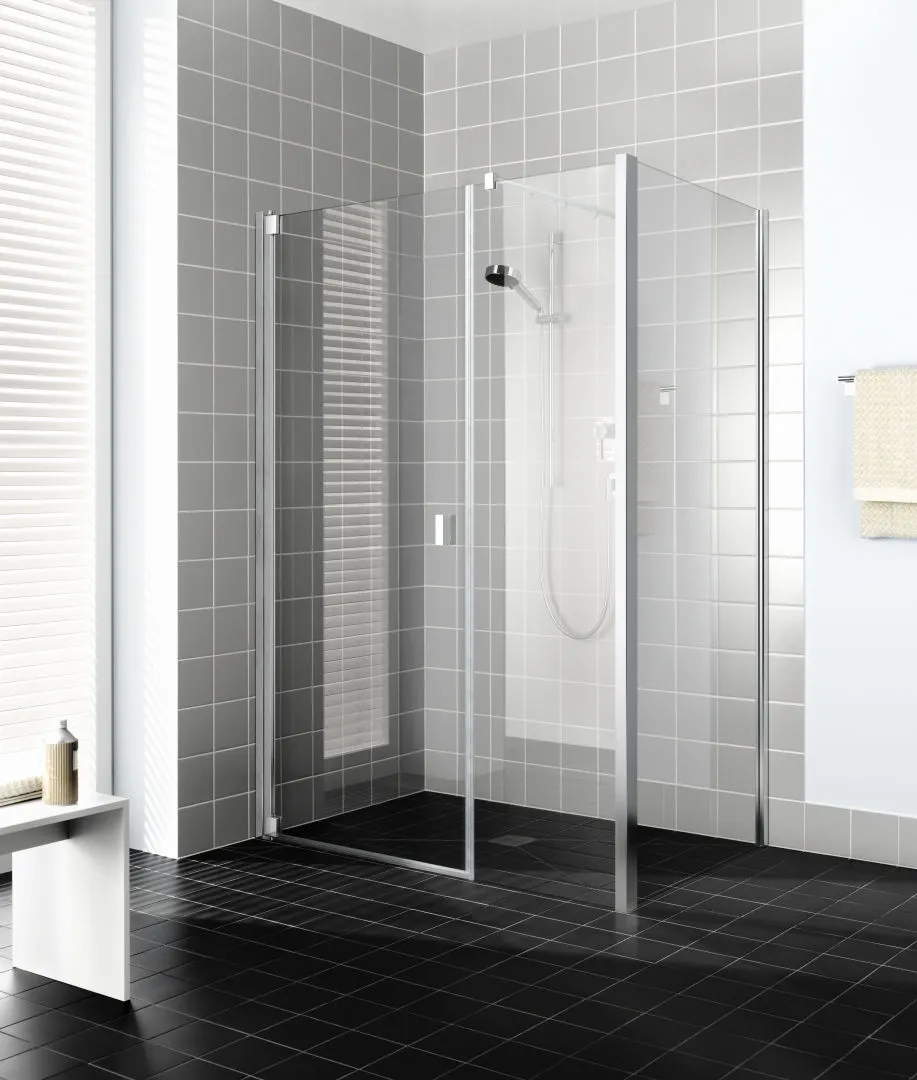 Kermi Pendeltür 1-flügelig und Festfeld rechts für Nische und Ecke „RAYA“ Glas Klar, Profile Silber Mattglanz, BV: 998 - 1038 mm GAK: 985 - 1015 mm WE: 998 - 1038 mm H: 1850 mm Kermi Pendeltür 1-flügelig und Festfeld rechts für Nische und Ecke „RAYA“ Glas Klar, Profile Silber Mattglanz, BV: 998 - 1038 mm GAK: 985 - 1015 mm WE: 998 - 1038 mm H: 1850 mm