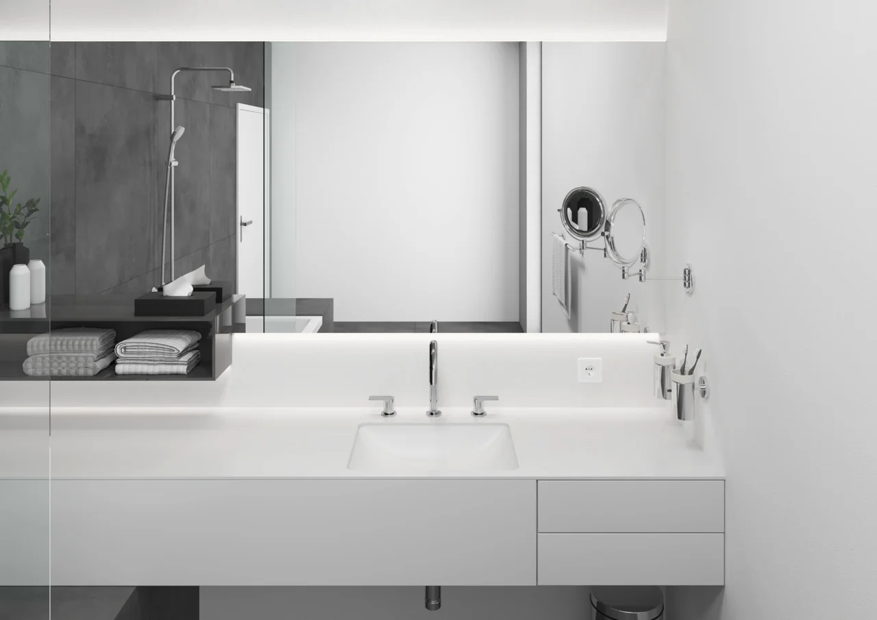 Hansgrohe Vernis Shape 3-Loch Waschtischarmatur Chrom, Ausladung 166 mm, Auslaufhöhe 151 mm, Hebelgriff, Laminarstrahl, max. Durchfluss 5 l/min Hansgrohe Vernis Shape 3-Loch Waschtischarmatur Chrom, Ausladung 166 mm, Auslaufhöhe 151 mm, Hebelgriff, Laminarstrahl, max. Durchfluss 5 l/min