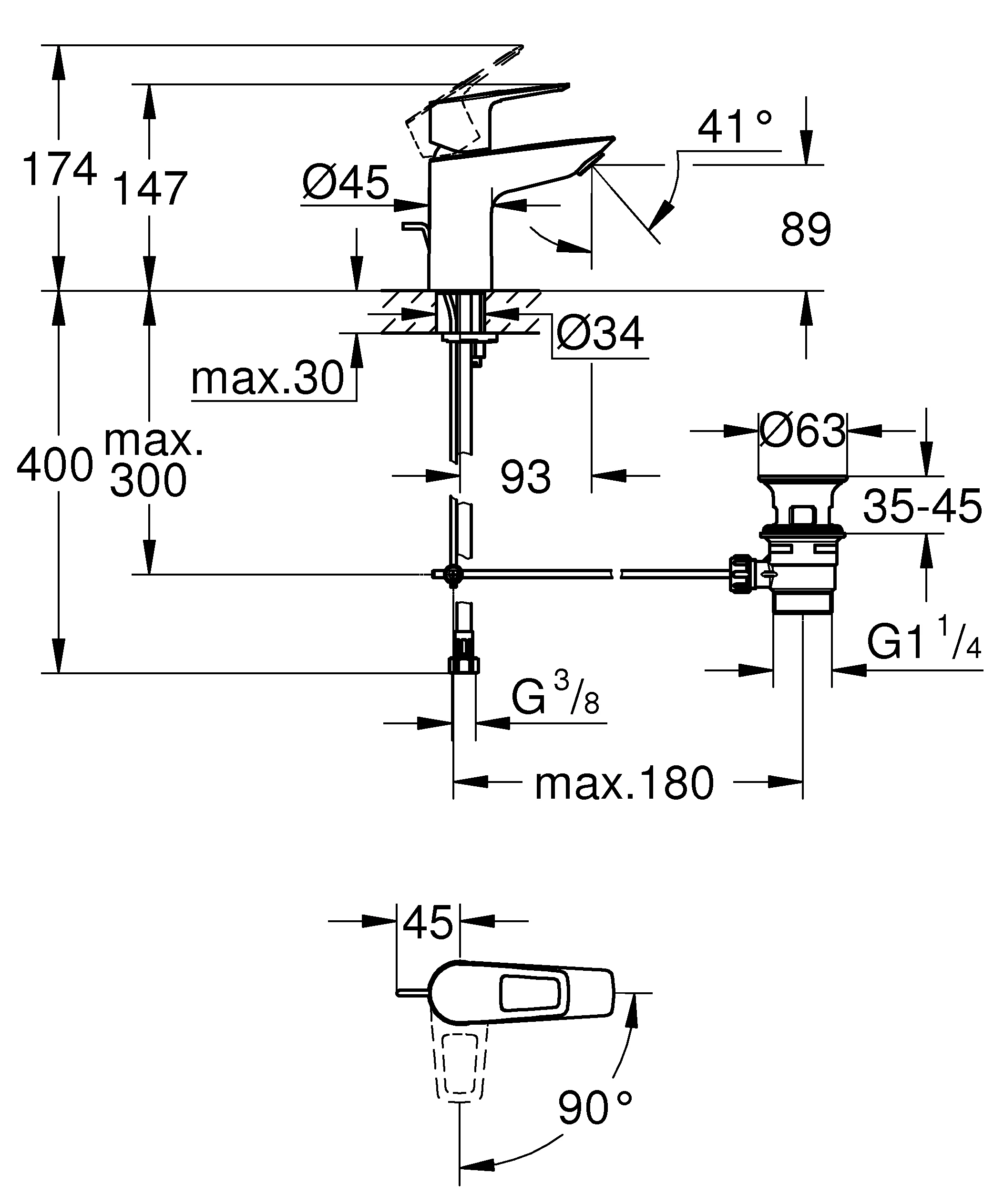 Einhand-Waschtischbatterie BauLoop 22054_1, S-Size, Einlochmontage, Energie-Sparfunktion Mittelstellung kalt, Temperaturbegrenzer, EcoJoy Mousseur 5,7 l/min, Zugstangen-Ablaufgarnitur aus Kunststoff 1 1/4″, chrom