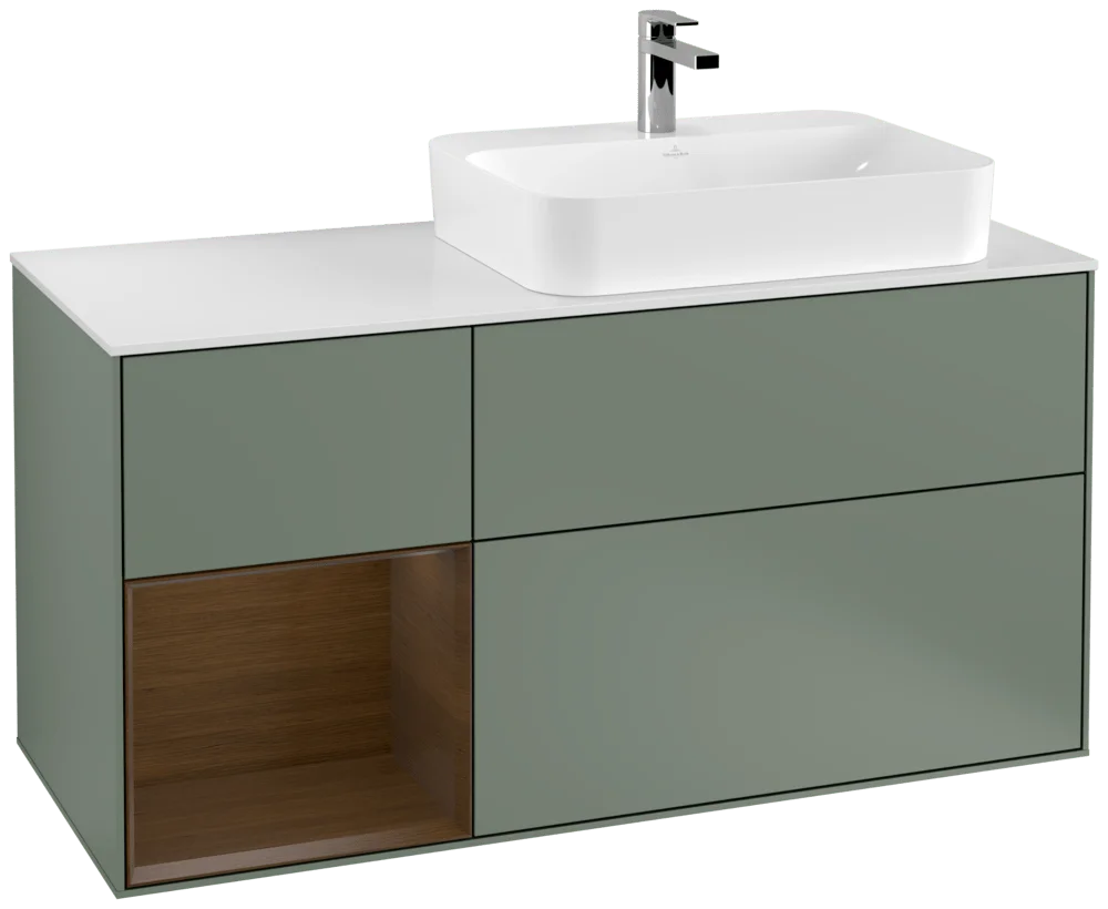Villeroy & Boch Finion Waschbeckenunterschrank F39 1200x603x501mm Olive Matt Lacquer/Walnut Veneer/Glass White Matt Villeroy & Boch Finion Waschbeckenunterschrank F39 1200x603x501mm Olive Matt Lacquer/Walnut Veneer/Glass White Matt
