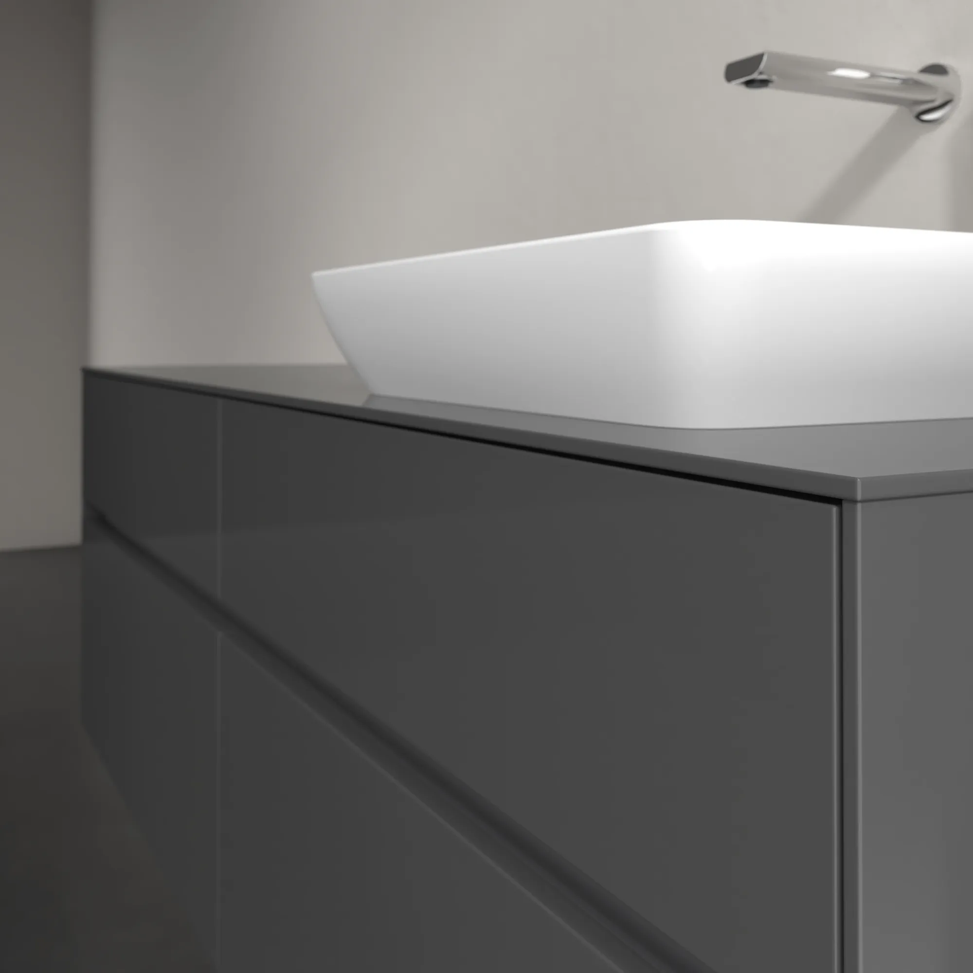 Villeroy & Boch Waschtischunterschrank „Collaro“ 1600 × 548 × 500 mm Glossy Grey, mit Beleuchtung, für Becken rechts Villeroy & Boch Waschtischunterschrank „Collaro“ 1600 × 548 × 500 mm Glossy Grey, mit Beleuchtung, für Becken rechts