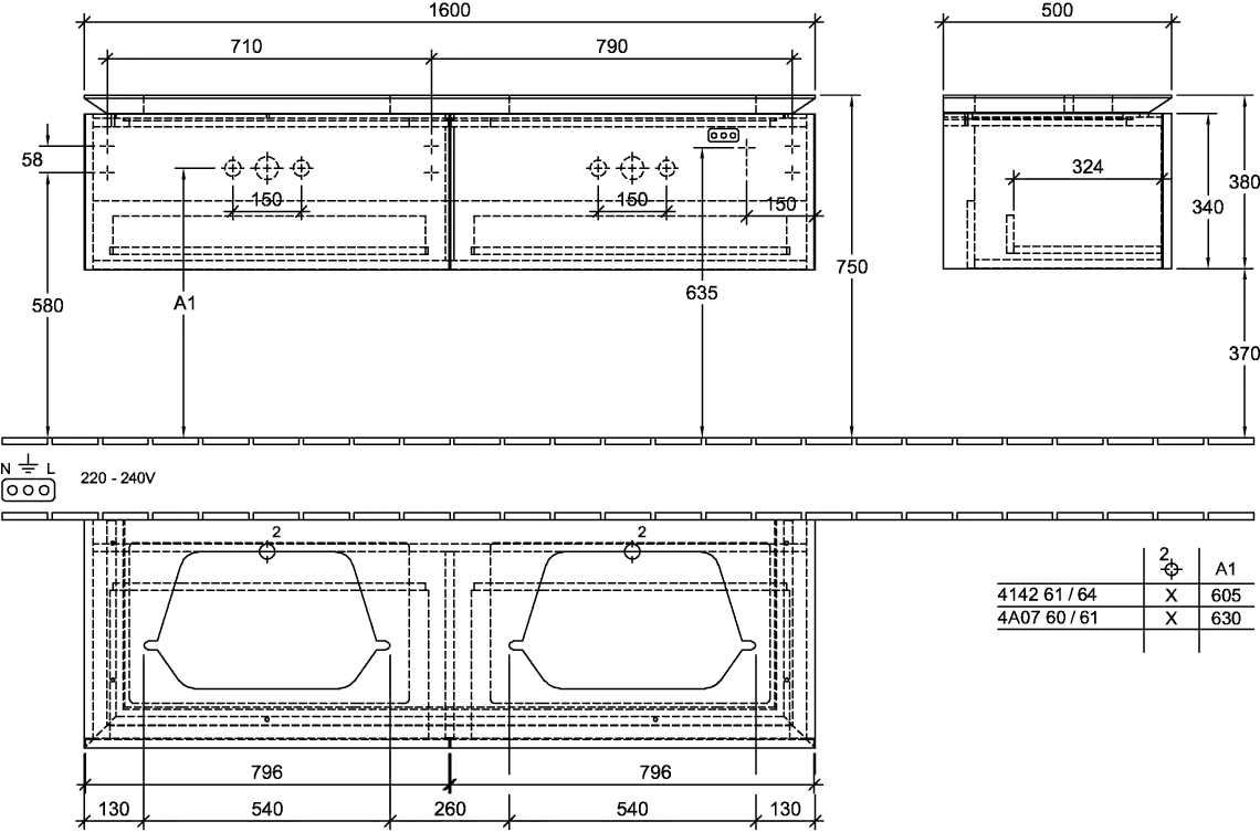 Villeroy & Boch Waschtischunterschrank „Legato“ für Schrankwaschtisch 160 × 38 × 50 cm links und rechts