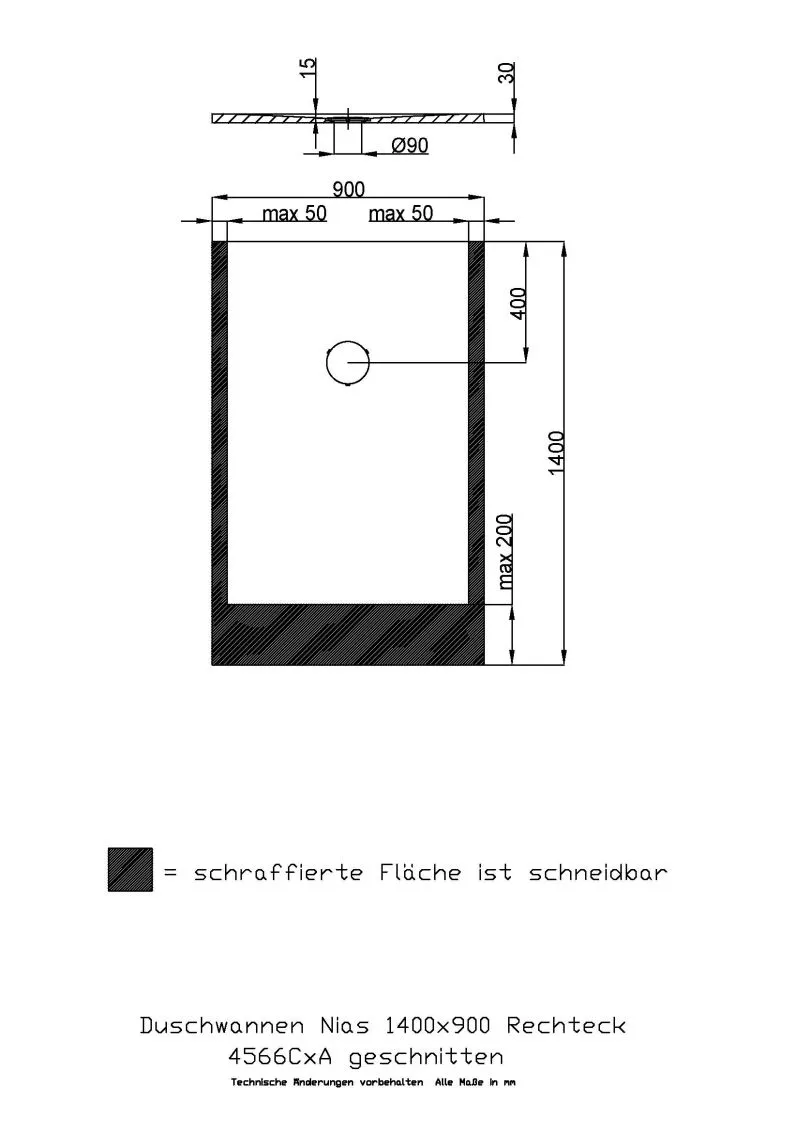 Hoesch rechteck Duschwanne geschnitten „Nias“ mit strukturierter Oberfläche 140 × 90 cm in Weiß