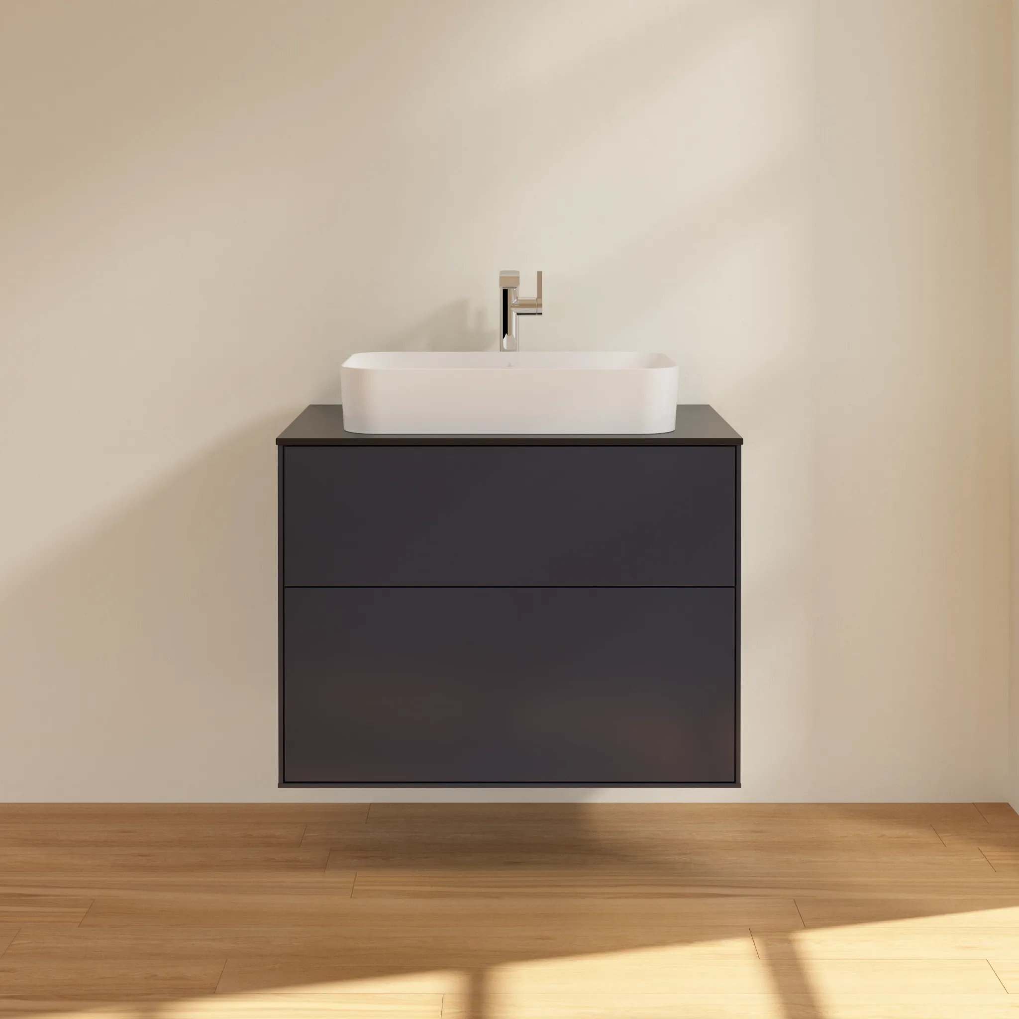 Villeroy & Boch Finion Waschbeckenunterschrank F22, 800 x 603 x 501 mm, Midnight Blue Matt Lacquer / Glass Black Matt