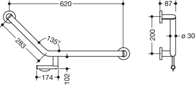 Winkelgriff 135 Gr, PRH, d:30, re, plvb weiß tiefmatt Winkelgriff 135 Gr, PRH, d:30, re, plvb weiß tiefmatt