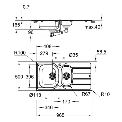 Grohe K200 Edelstahlspüle mit Abtropffläche, Modell K200 60-S 96,5⁄50 1.5 rev, aufliegend Grohe K200 Edelstahlspüle mit Abtropffläche, Modell K200 60-S 96,5⁄50 1.5 rev, aufliegend