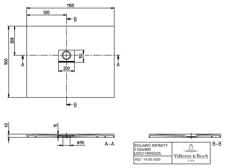 Villeroy & Boch Duschwanne Squaro Infinity 1100 x 900 x 40 mm in Grey