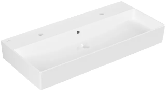 Villeroy & Boch Wandwaschtisch aus TitanCeram geschliffen „Memento 2.0“ 1000 × 470 × 135 mm, Hahnlochposition links und rechts, mit Hahnlochbohrung in Weiß Alpin